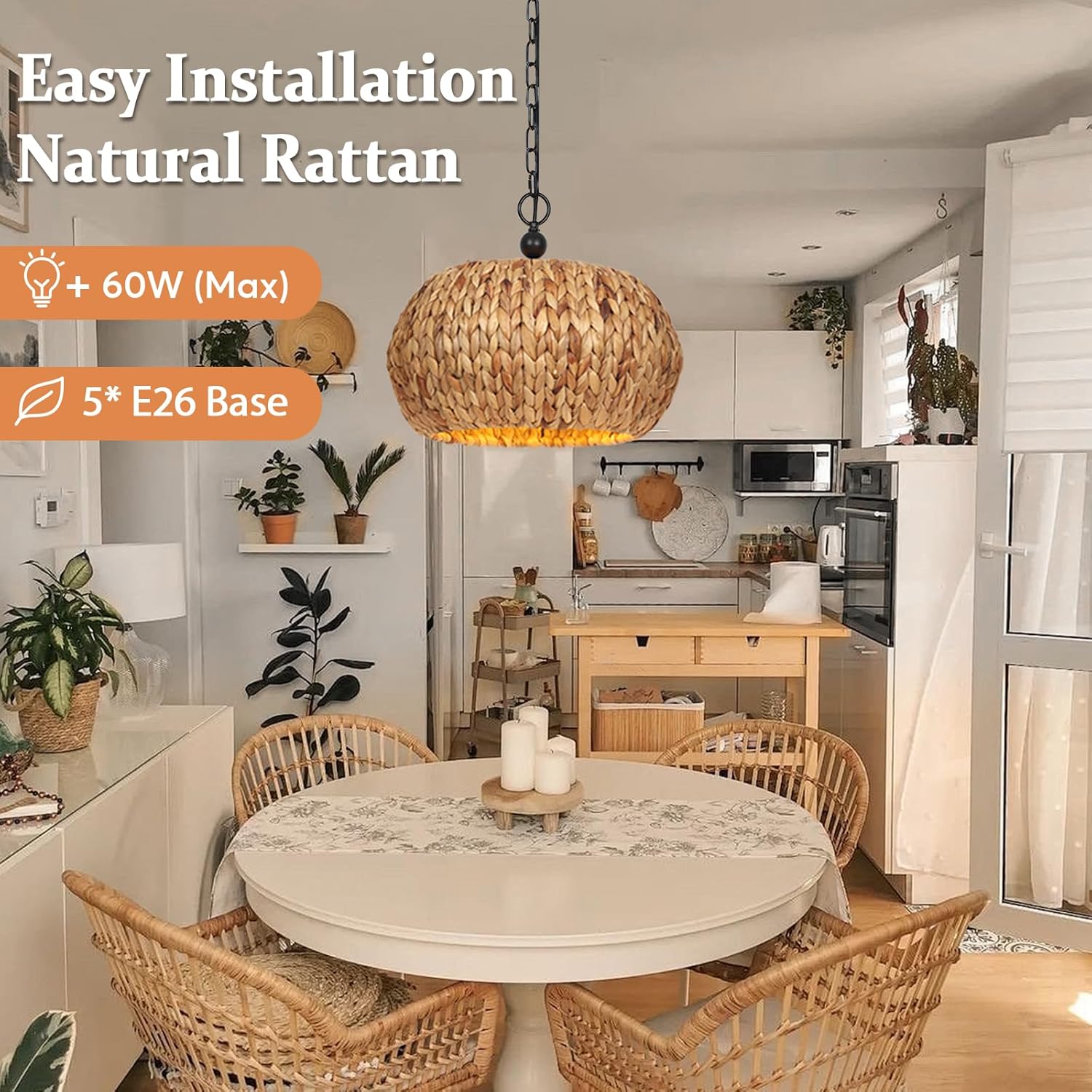 Farmhouse Rattan Chandelier,19.3'' Boho Chandelier Light Fixture,5-Light Wicker Pendant Light for Dining Room/Living Room/Kitchen Island,E26 Base,Adjustable Height (Black)