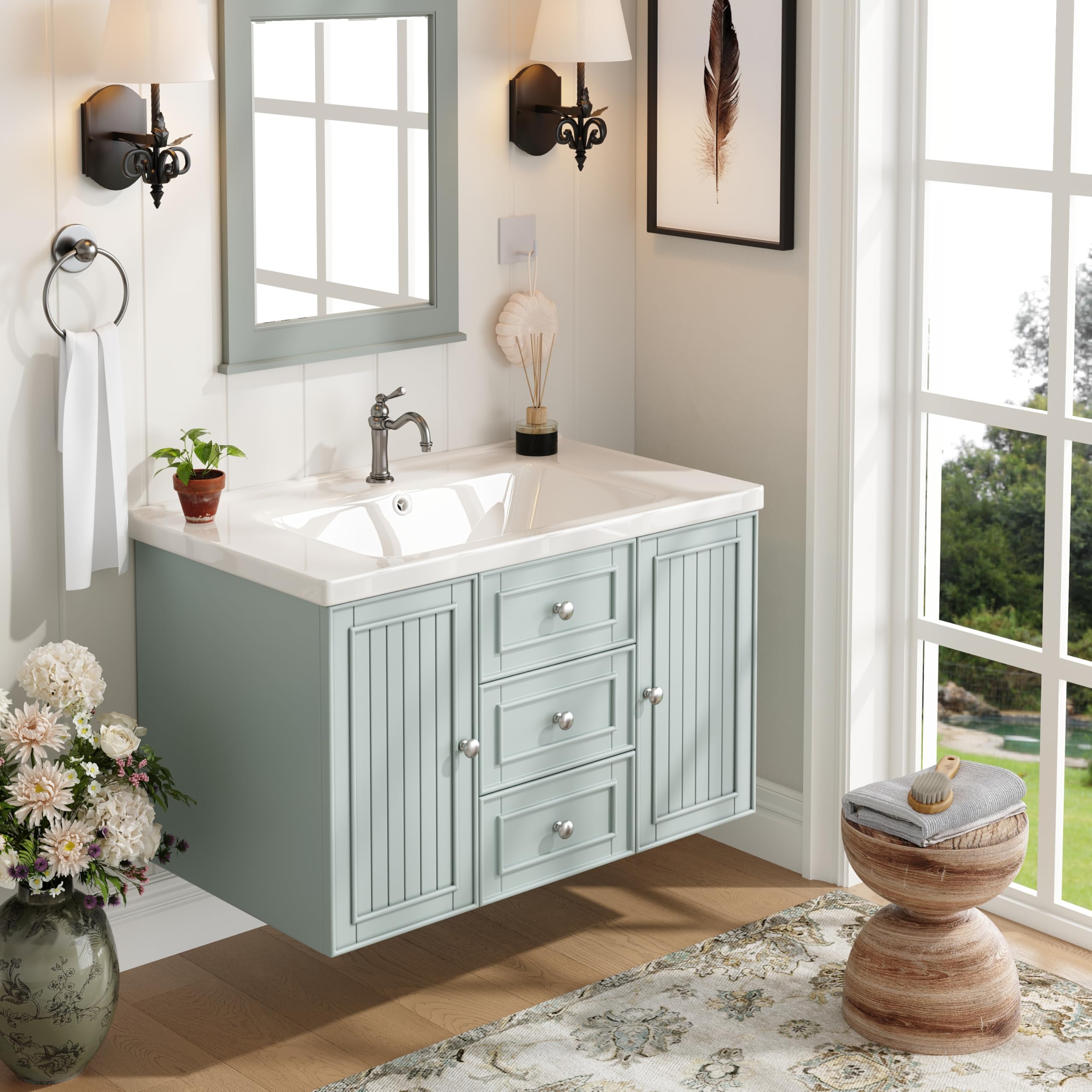 Mueble Baño de Pared con Lavabo y Almacenaje, Muebles de Baño con 3 Cajones y 1 Puerta, Lavabo con Mueble, Muebles Auxiliares Armario de Baño, 81x46x50.3 cm, Verde