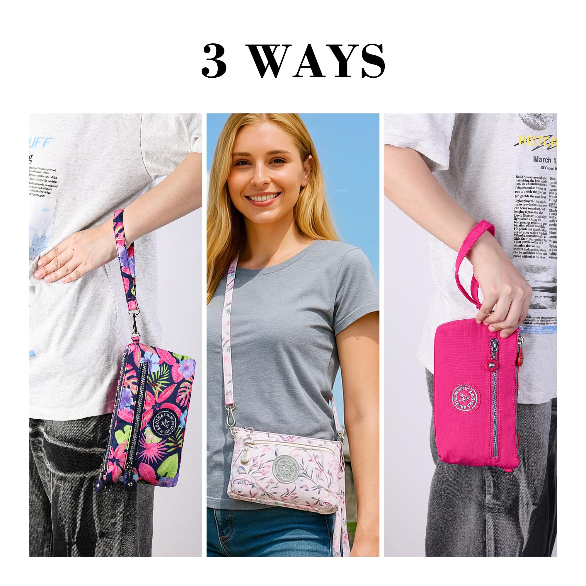 AOCINA RFID Printed Wristlet Wallet for Women, Small Crossbody Purse, Nylon Clutch Bag with Card Slots & Multi-Pockets(Floral Pink)