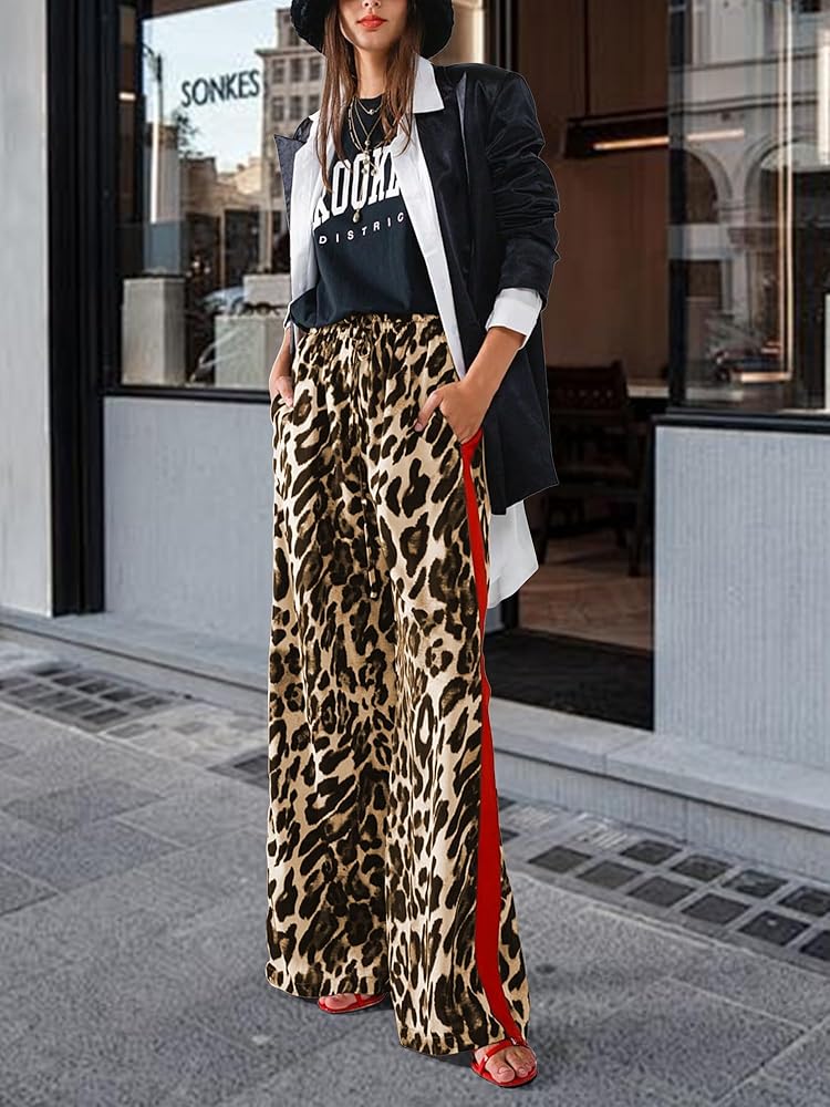 LIWEIKE Women's Leopard Print Pants Drawstring Color Block