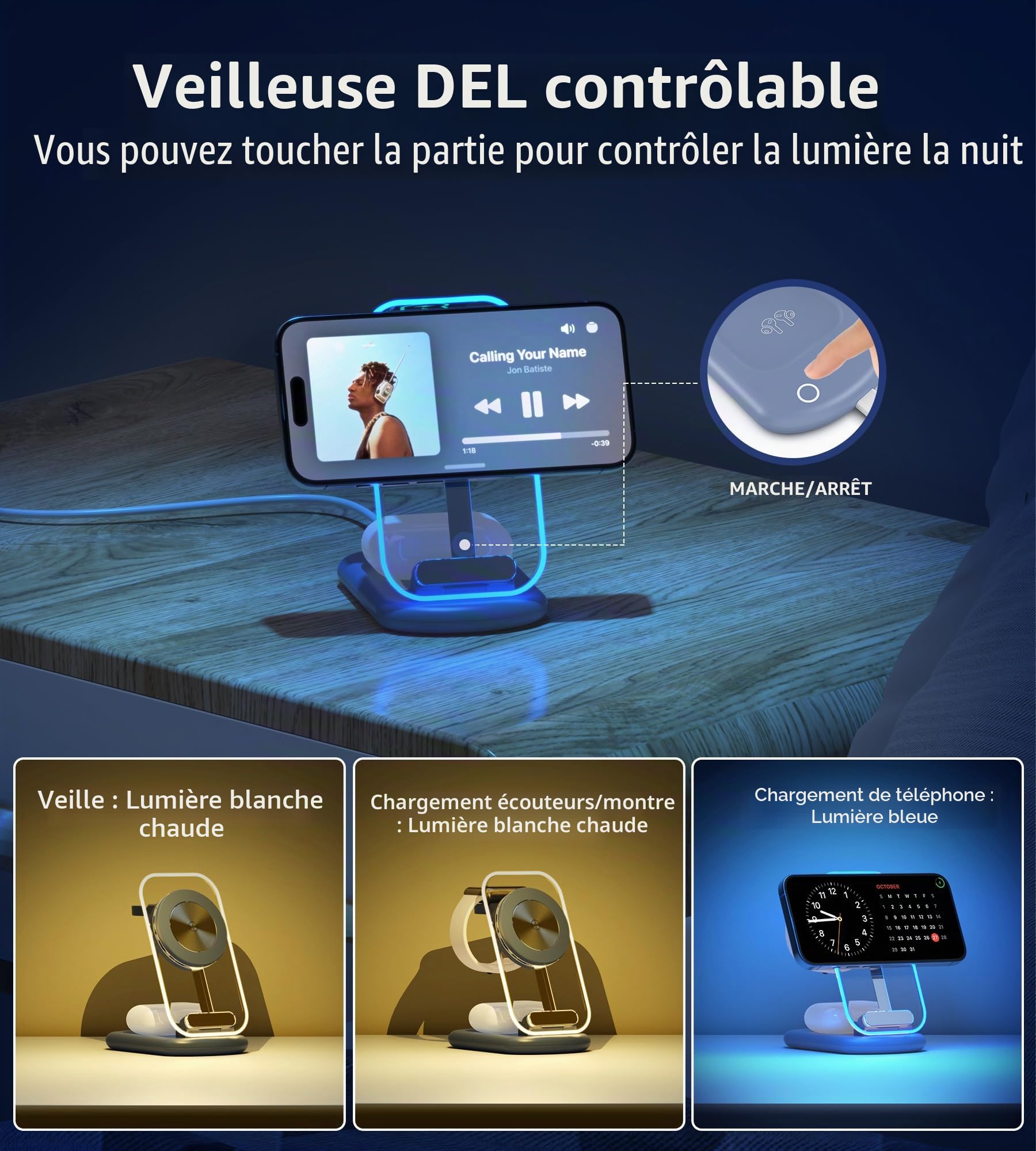 Station de Charge sans Fil magnétique pour appareils Apple, Chargeur Rapide et Pliable pour Voyage, avec lumière Nocturne pour iPhone 16, 15, 14, BU