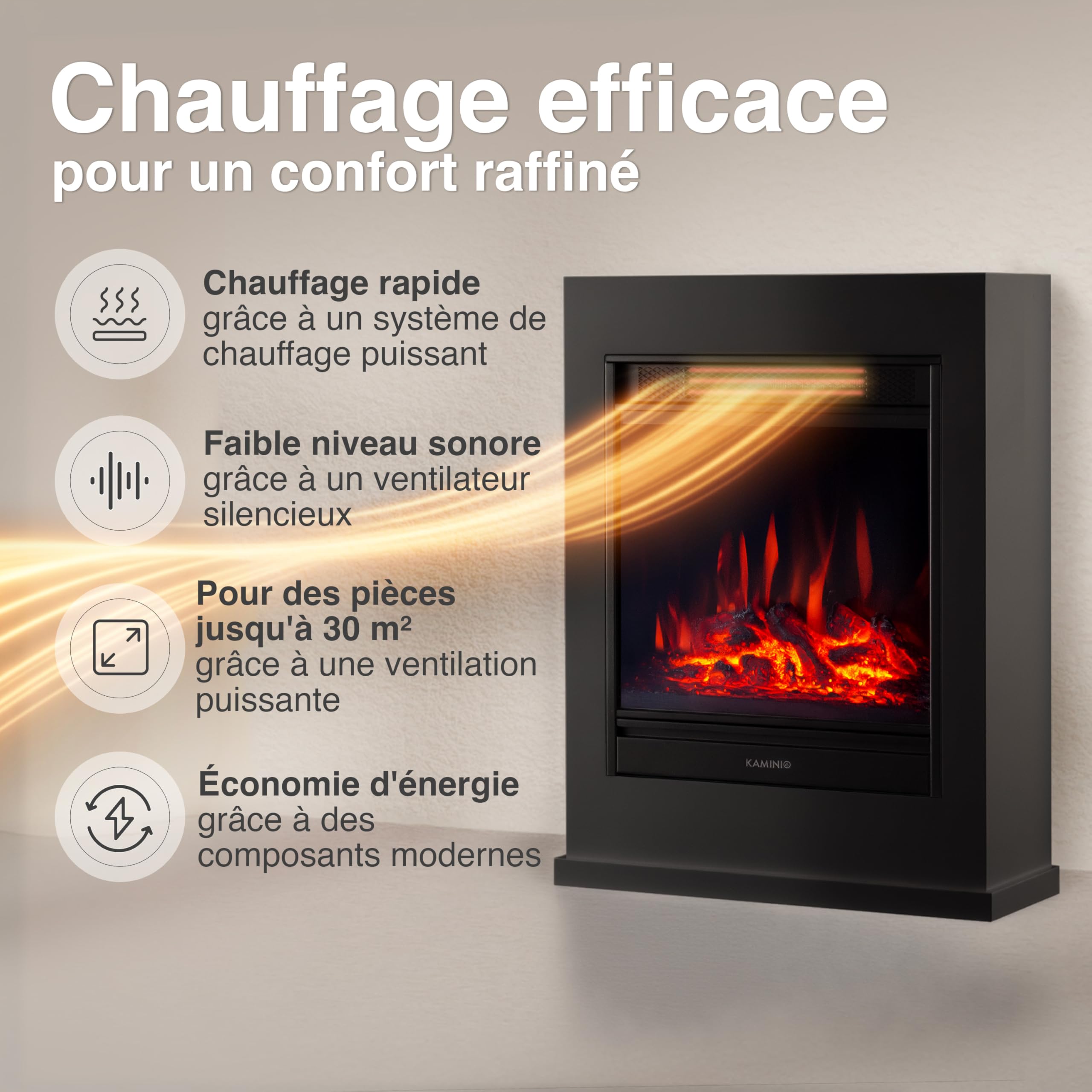 KAMINIO Cheminée électrique Kalle - Cheminée sur Pied avec Chauffage, Effet de Flamme 3D, télécommande (Noir)