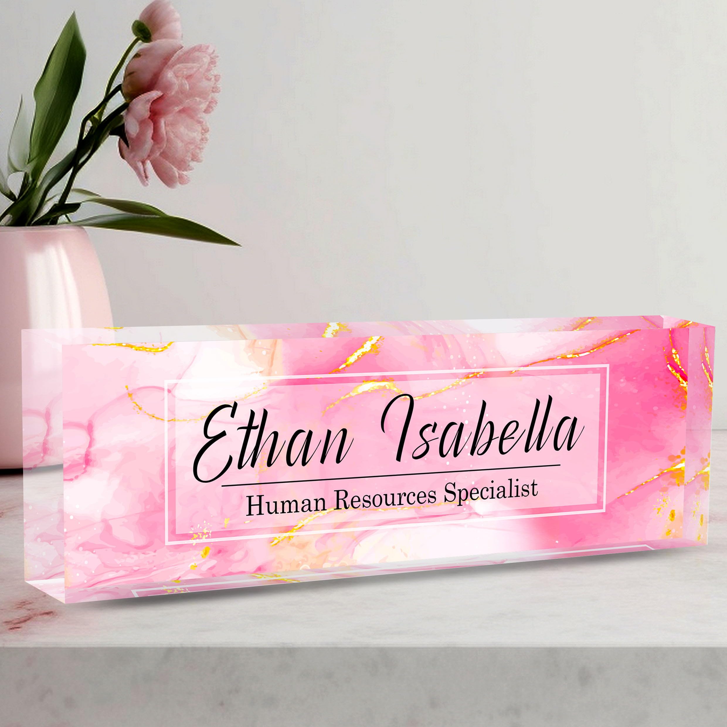 Custom Name Plate for Office - Personalized Desk Decor, Employee Appreciation Gifts - Pink Marble