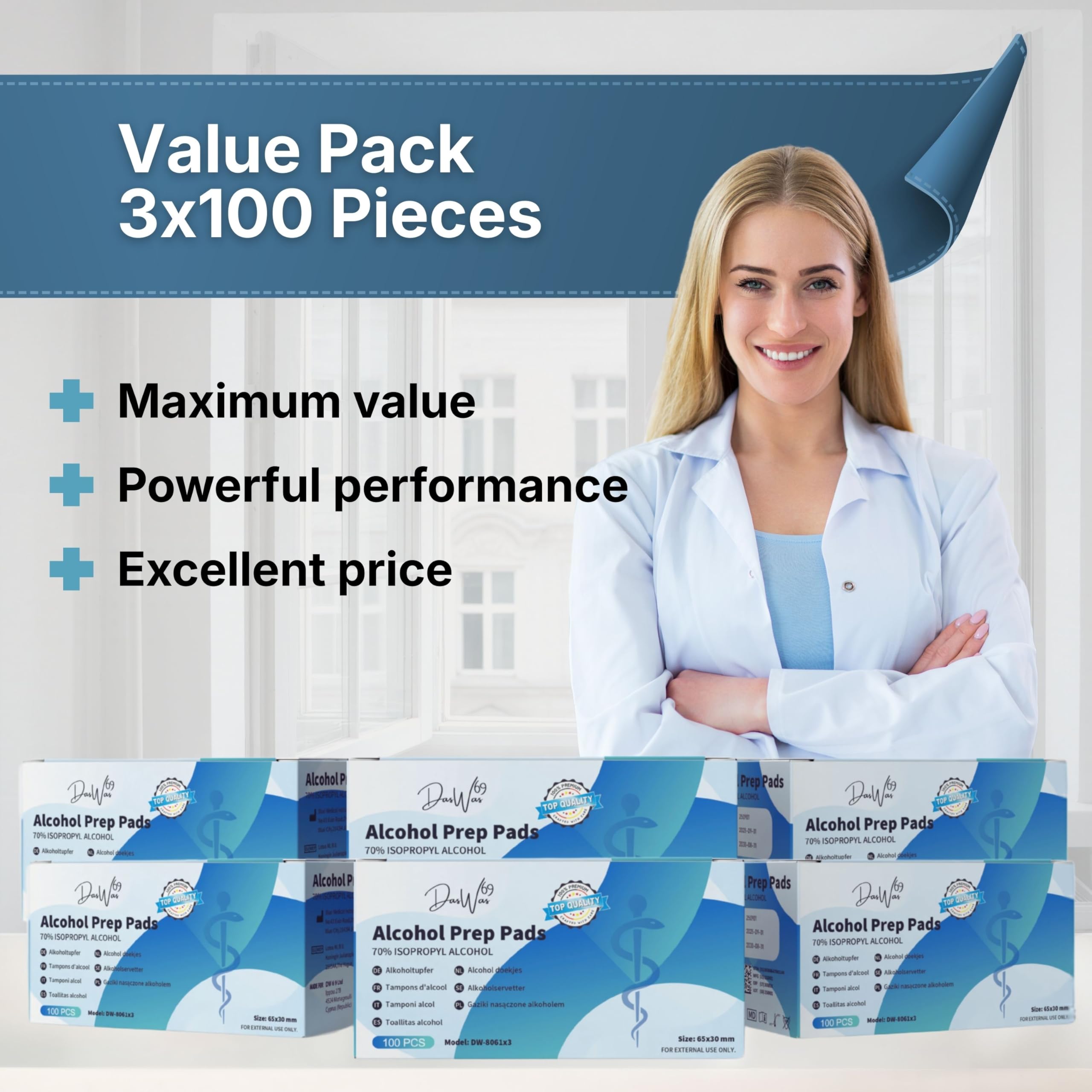 DasWas 3 x 100 Tamponi Alcool – Salviette Disinfettanti con 70% Isopropilico – Tamponi per Disinfezione Cutanea Singoli (65×30 mm) – 300 Alcohol Pads Uso Medico & Cura Quotidiana