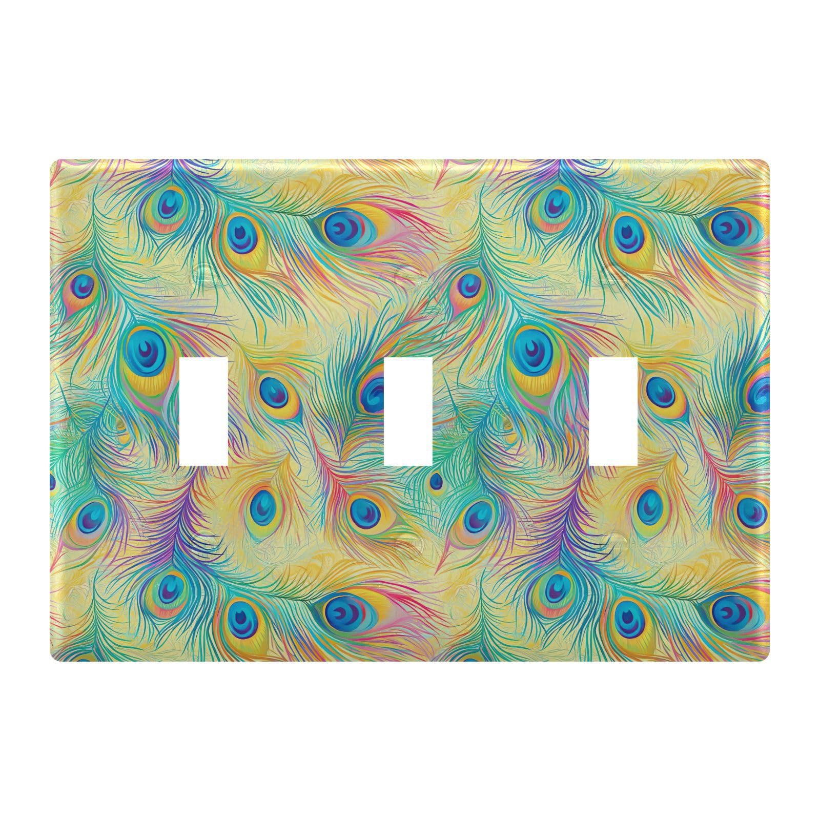 Light Switch Cover Rainbow Peacock Feathers Wall Plates for Electrical Outlets 3 Gang 202b7158