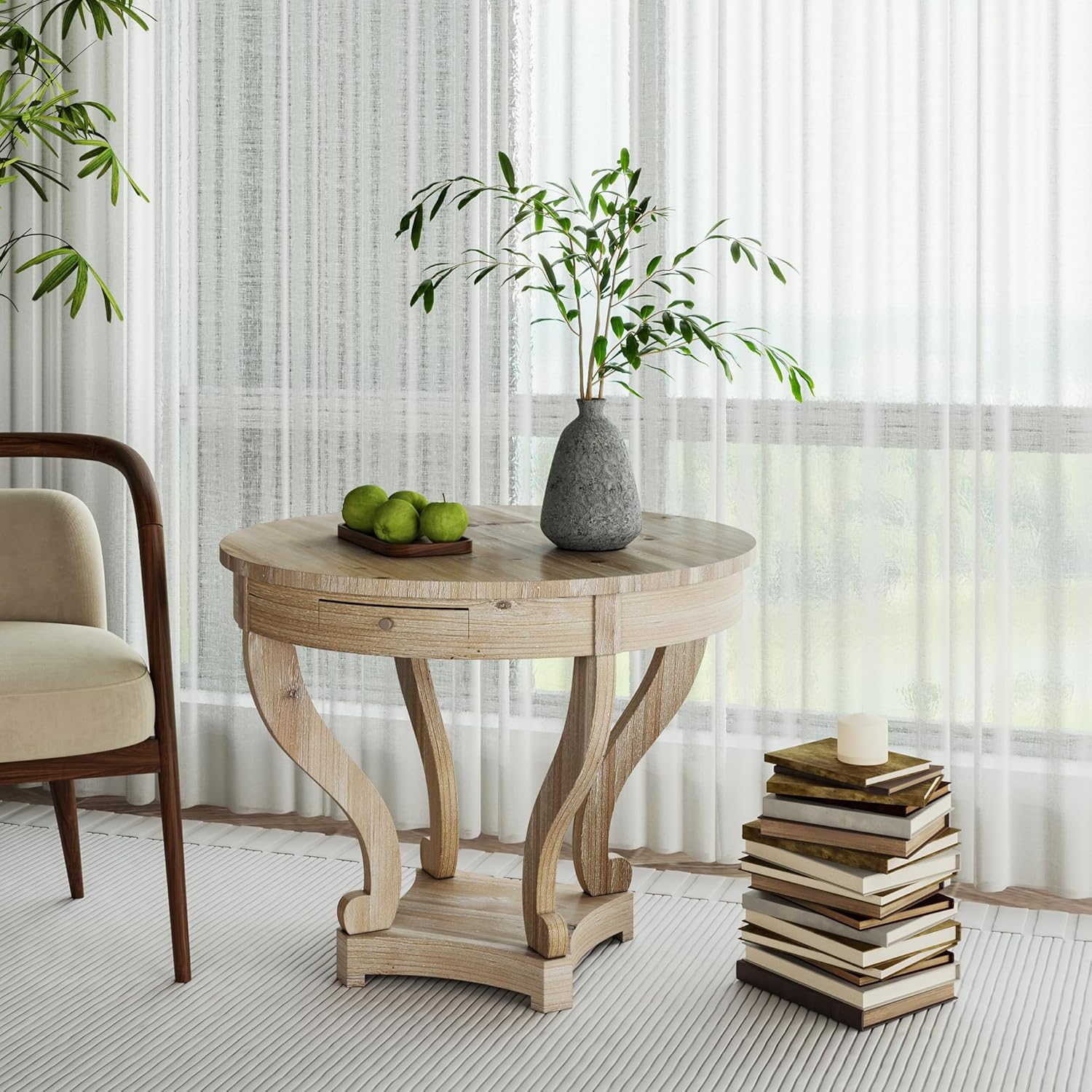 kevinplus Round Large Side Table End Table with 2 Drawer