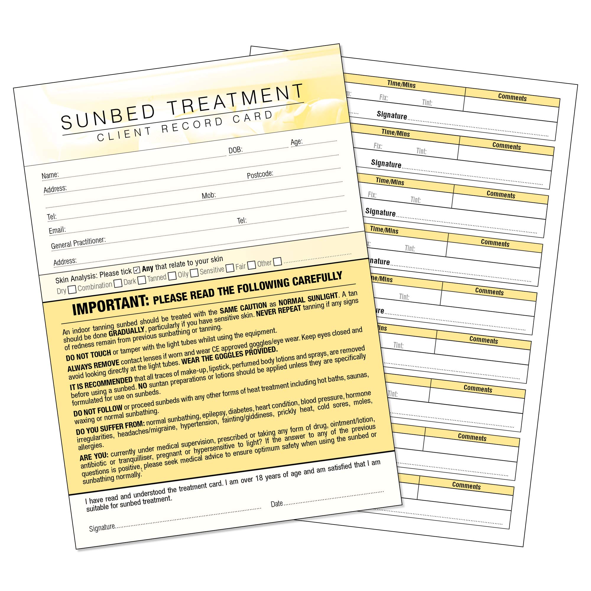 Sunbed Tanning Client Record Card - Treatment Consultation Form for Mobile Therapists & Salons A6 Pack of 50 - Portrait