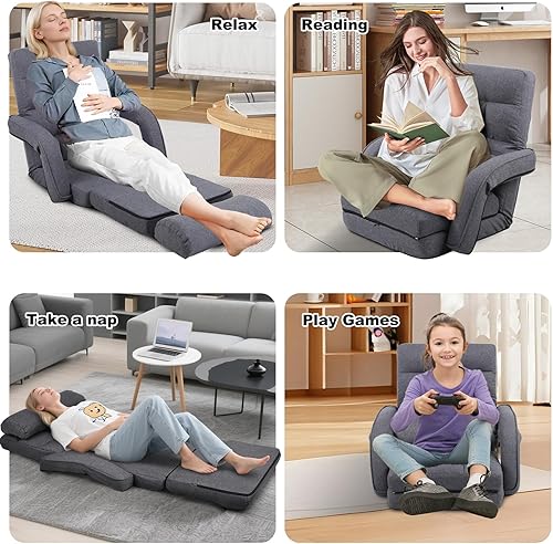 Miniatura 7 de Silla de piso para interiores con reposabrazos y almohada, sofá plegable de 14 posiciones, ajustable, cómoda, reclinable, asientos acolchados para