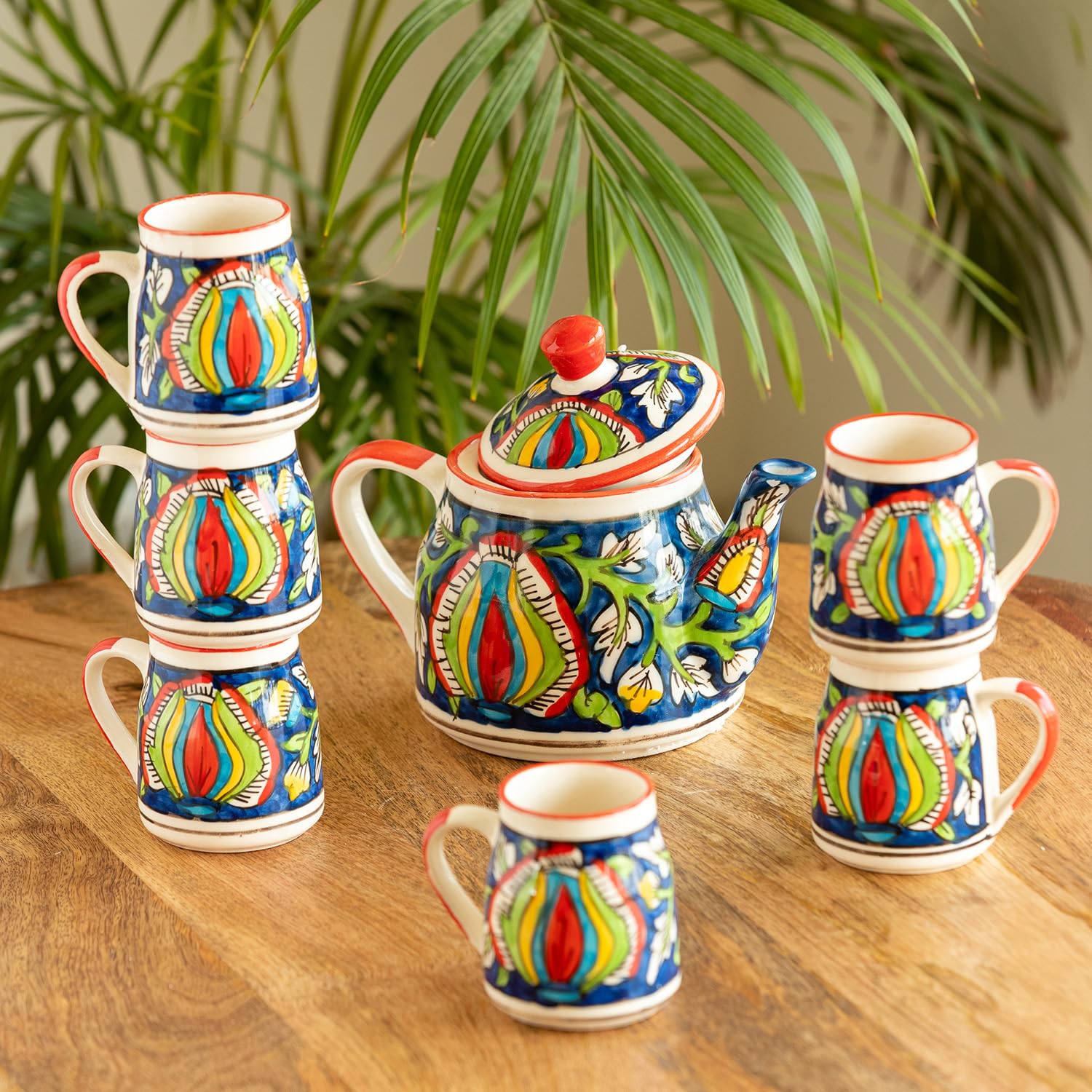 ExclusiveLane 'Mughal Floral' Ceramic Tea Pot with Cup Set (6 Cups & 1 ...
