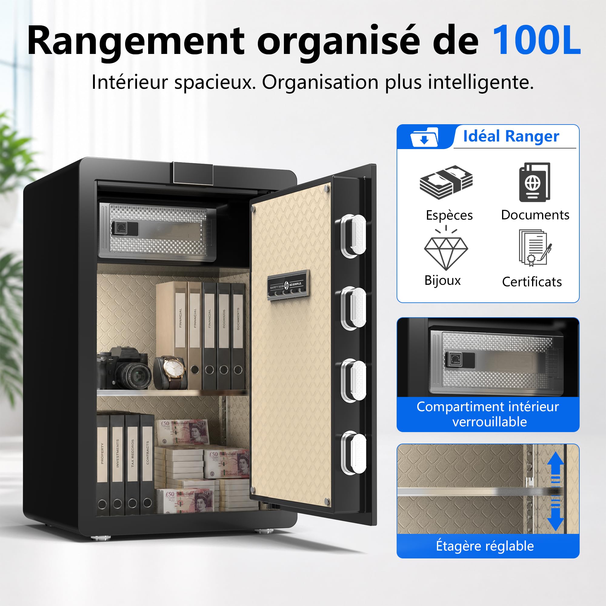 34KG Lourd Coffre Fort en Acier, 100L Coffre-fort Électronique avec Empreinte, Digitale Code et Clé, pour Maison et Bureau, Idéal pour Bijoux, Argent et Documents A4, Notice en Français (Blanc,100L)