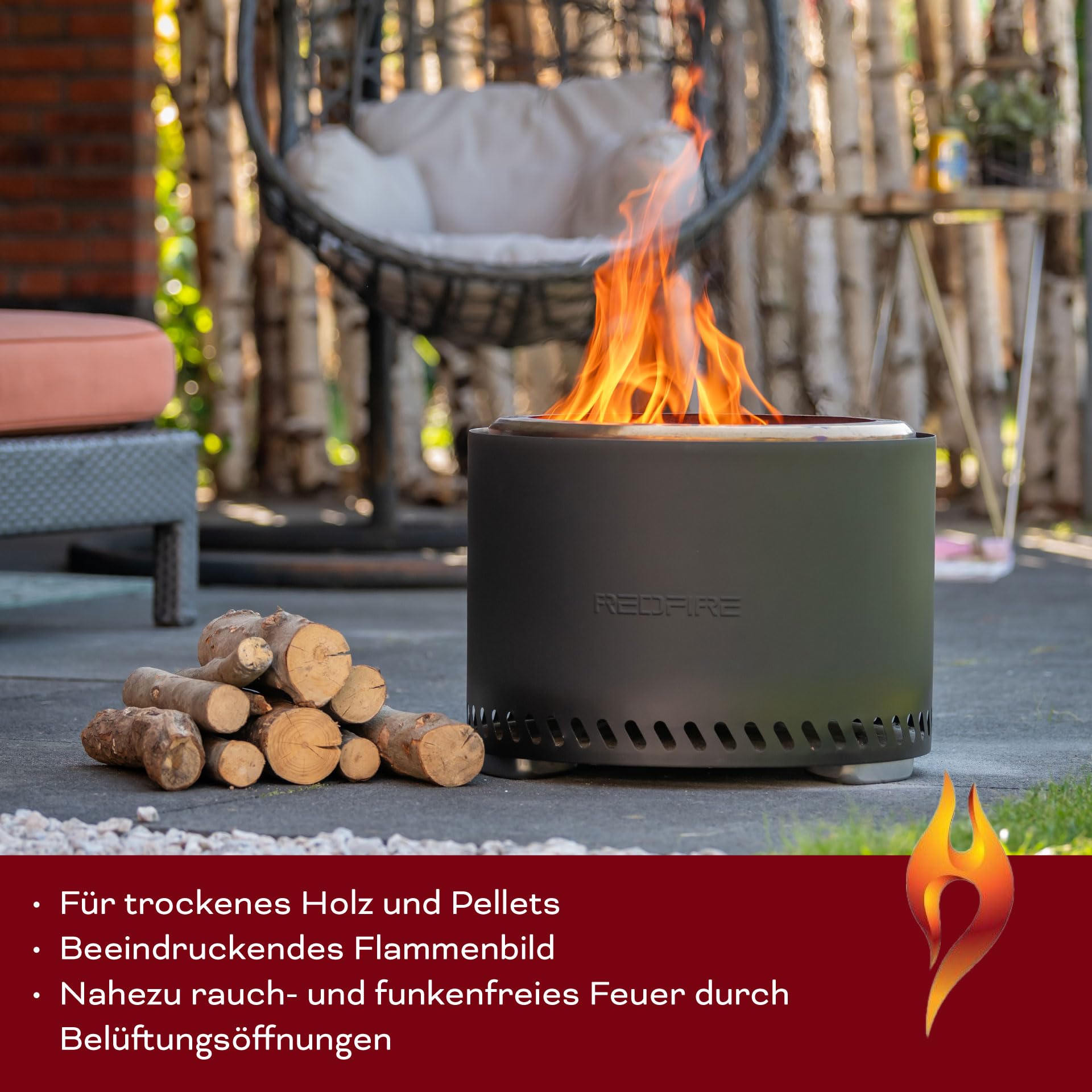 REDFIRE Feuerkorb Volcano Extra Large, schwarz pulverbeschichtet - XL Feuertonne Edelstahl für Holz und Pellets - raucharme Feuerschalen für den Garten, Terrassenofen, extra Asche-Auffangschale