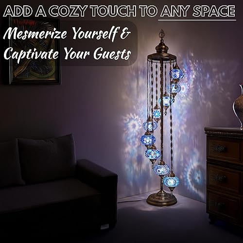 Miniatura 4 de DEMMEX - Lámpara de pie de mosaico marroquí turco, 9 globos grandes, lámpara de pie bohemia con mosaico Tiffany con enchufe y enchufe