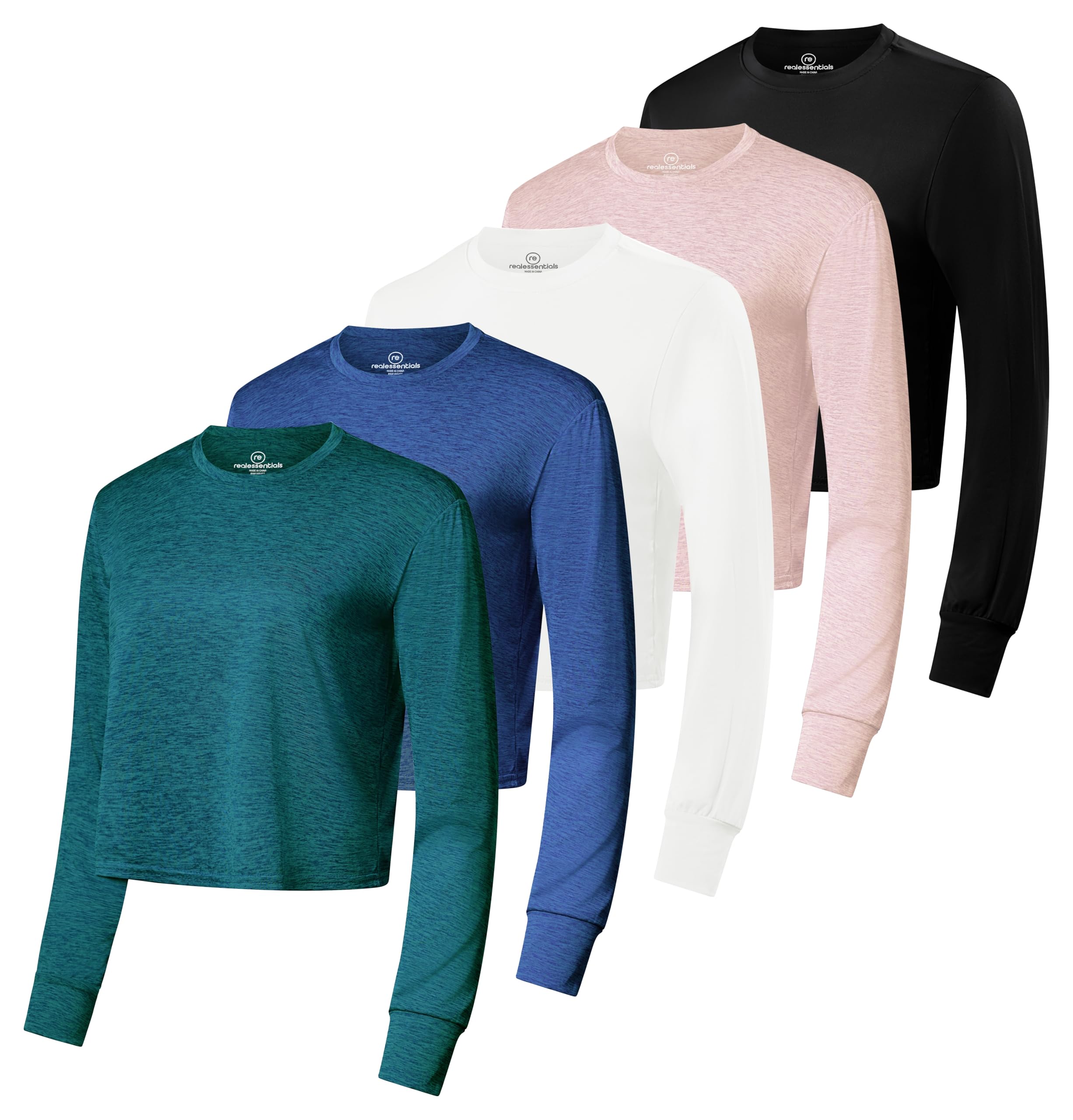 Real Essentials 5 Pack: Women's Dry Fit Crop Top - Long Sleeve Crew Neck Stretch Athletic Tee (Available in Plus Size)