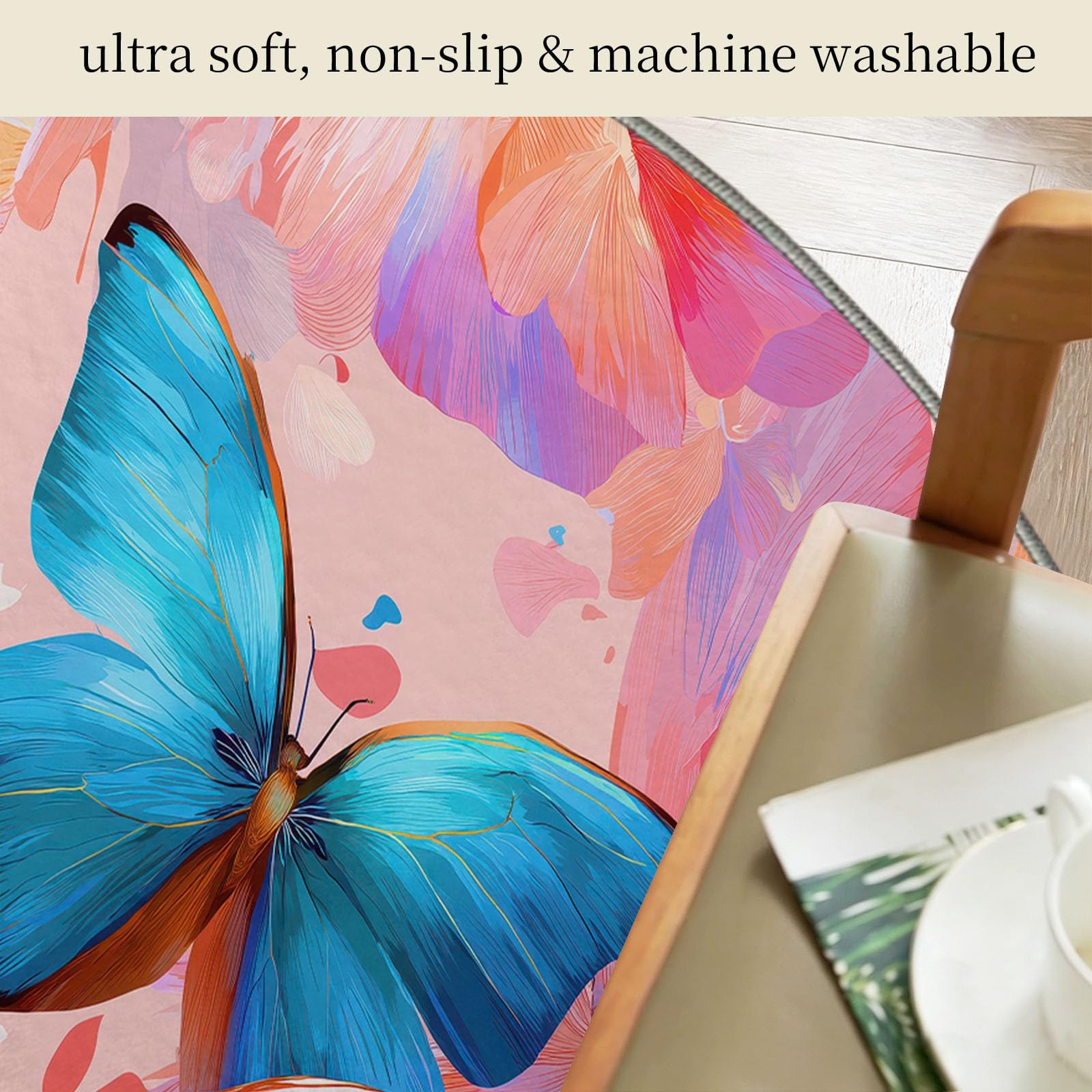 Tappeto rotondo per soggiorno, 60 cm, acquerello primaverile colorato con farfalle colorate, lavabile, per camera da letto, antiscivolo, non perde pelo, morbido, per camera dei bambini, cucina