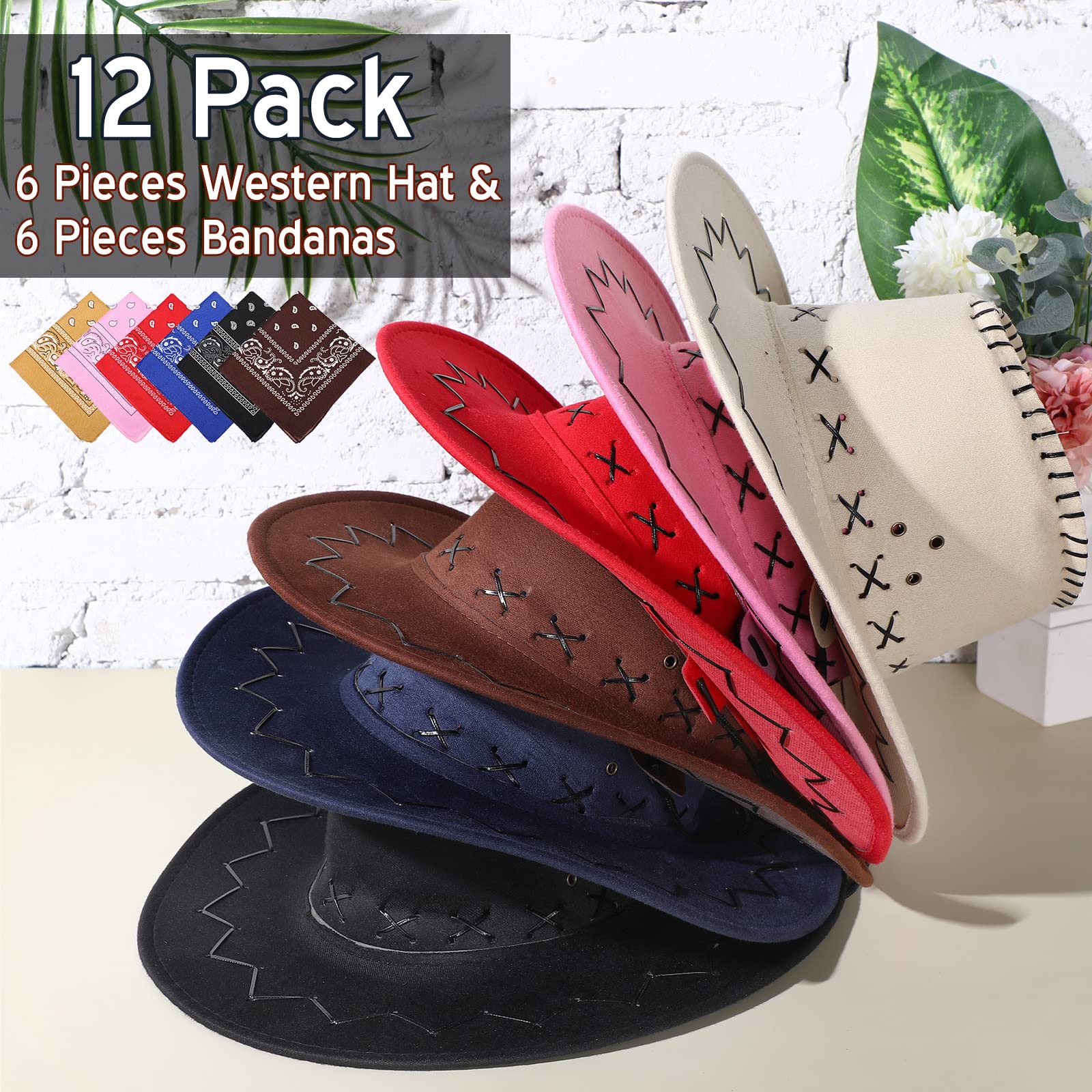 Zhanmai 12 Pieces Cowboy Hats and Bandanas Bulk Western Cowboy Cowgirl Hats Costume Party Favors(Multicoloured)