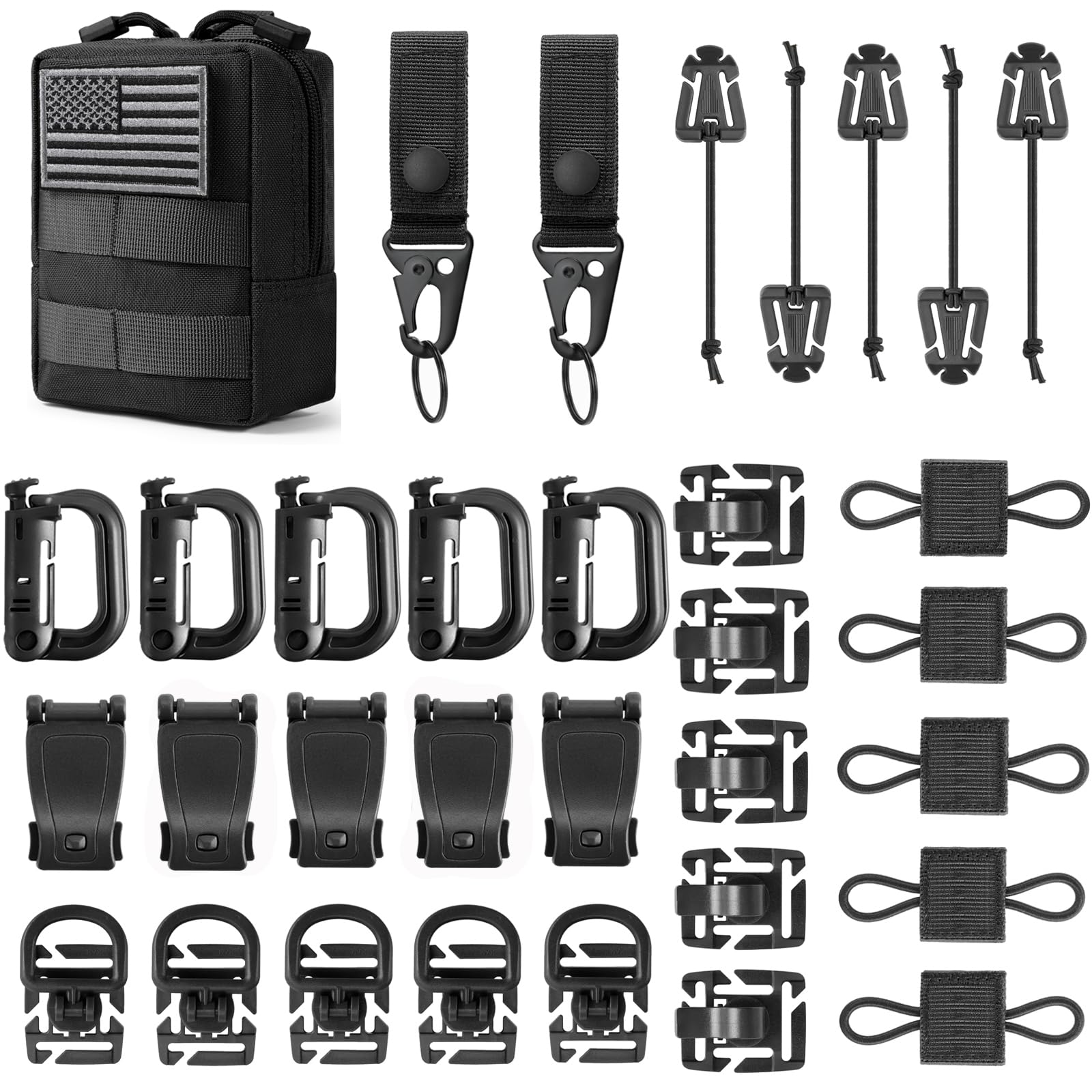 Molle Accessories Kit of 34 Attachments for Tactical Backpack Belt Vest D-Ring Locking Gear Clip for 1“ Webbing Strap