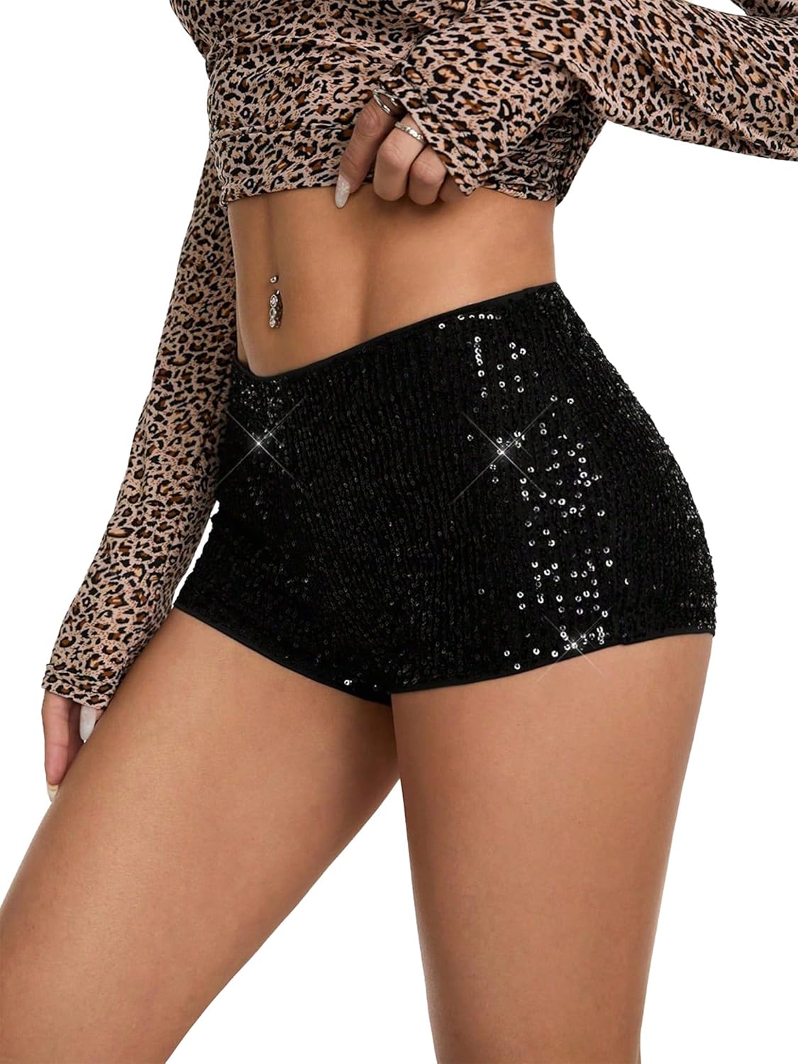Ammiko Women's Cheetah Print Micro Shorts Sequin Leopard Shorts Low Rise Y2k Sexy Short Mini Rave Booty Club Outfits - Image 3
