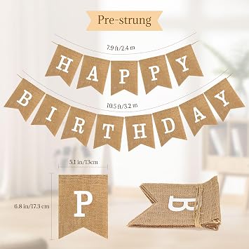 Happy Birthday Bannner, Pre-Strung Burlap Bannner, Happy Birthday Sign for Birthday Party Decorations