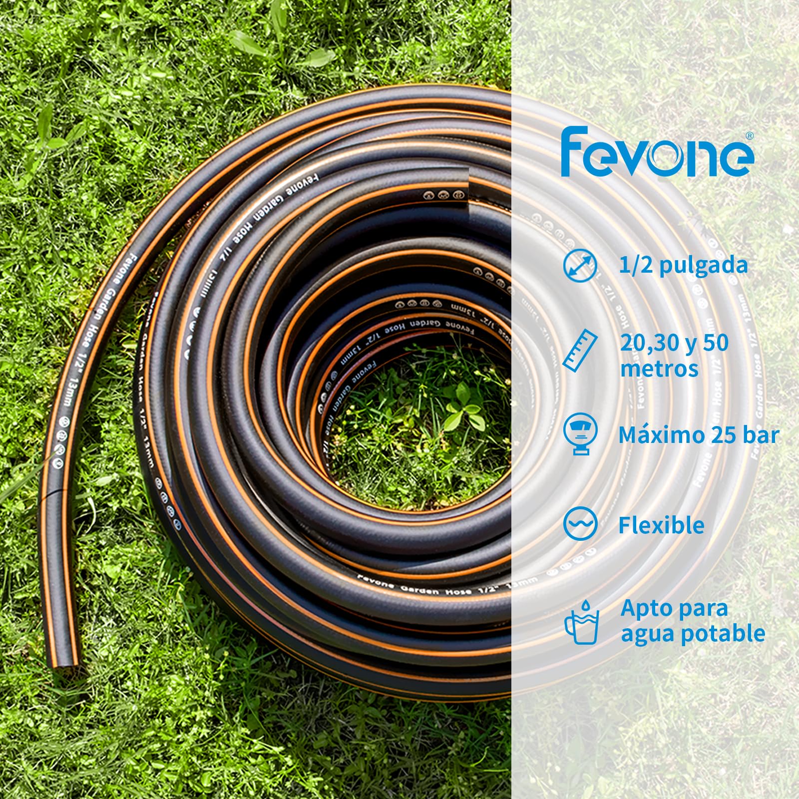 Fevone Tuyau d'arrosage 50 m 4 couches Φ13 mm (1/2") 25 bar Adaptateur de jardin Seringue Buse Distributeur Ant Kink Indéformable Robuste Noir/orange