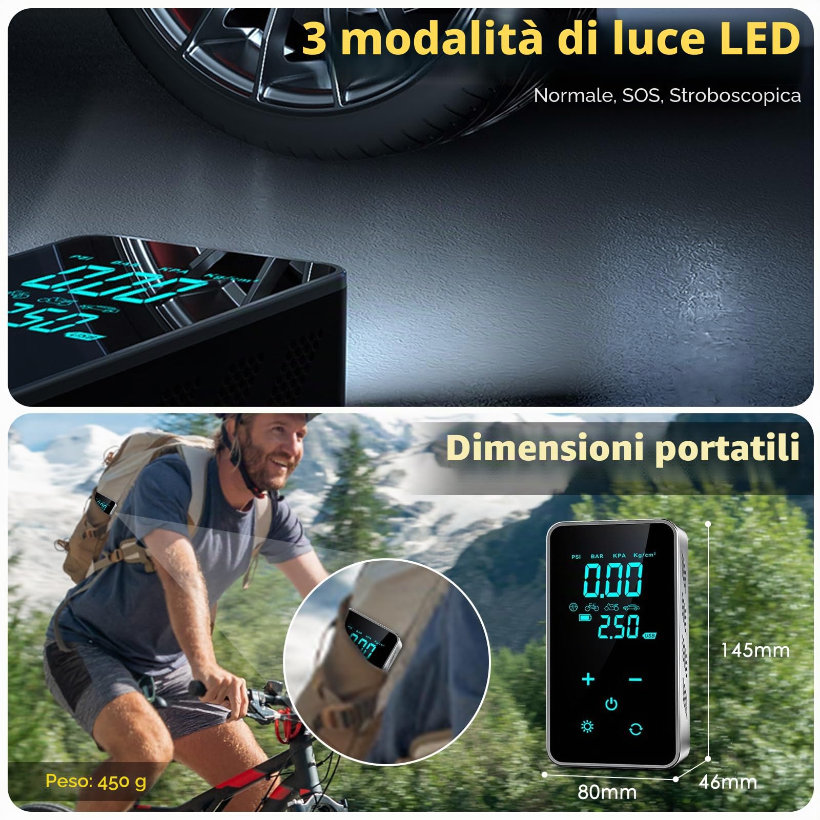 Compressore Aria Portatile, 150PSI Gonfiatore Elettrico Portatile con Manometro, Elettrico Pompa Elettrica, Mini Compressore Pneumatici Ricaricabili con Luce LED per Moto Bici Palla