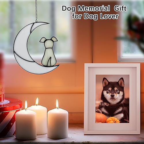 Miniatura 5 de Fnydvis Regalos conmemorativos para perros con vitrales, decoración de perro amarillo en luna blanca, atrapasoles, recuerdo de duelo para los