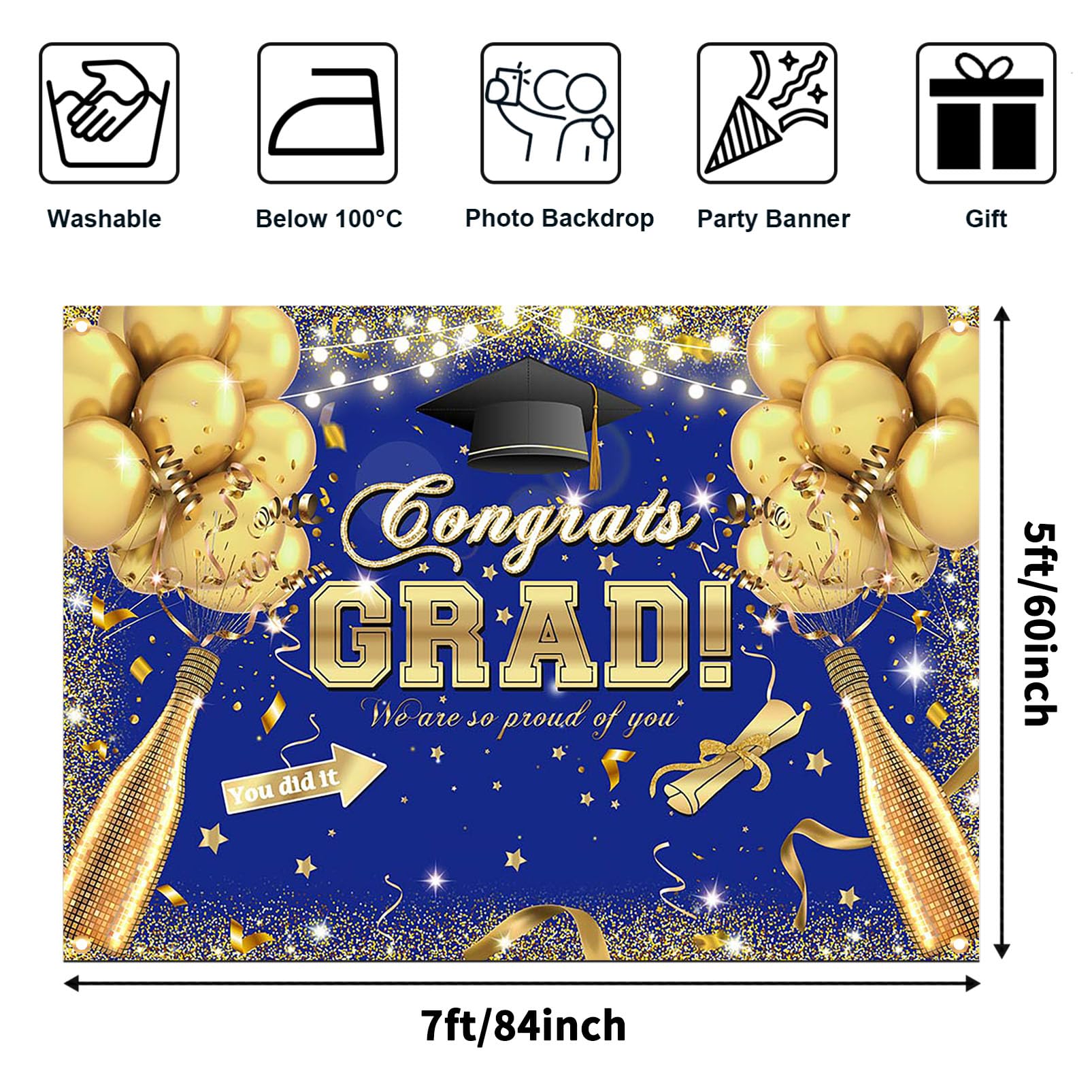 Avezano Congrats Grad Backdrop for Class of 2024 Royal Blue and Gold Graduation Decorations Congratulate Graduation Photography Background Grad Celebration Prom Party Photoshoot Supplies (7x5ft, Blue)