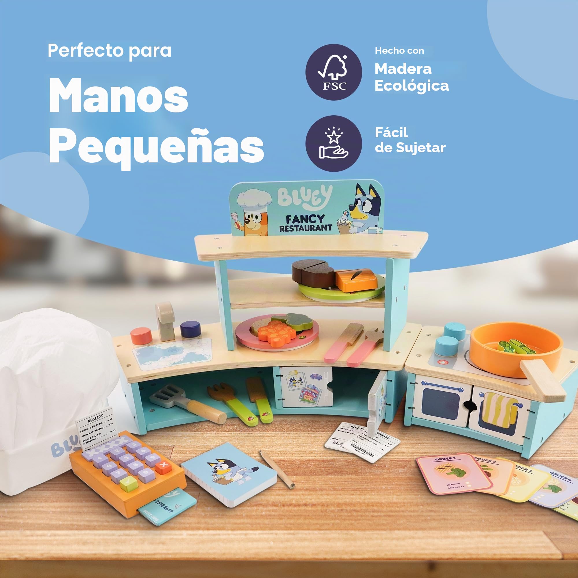 Bluey Juego de mesa para restaurante, cocina de madera para niños con horno, fregadero, nevera y accesorios de cocina, juguete de madera certificado FSC para juegos de rol imaginativos, a partir de 3