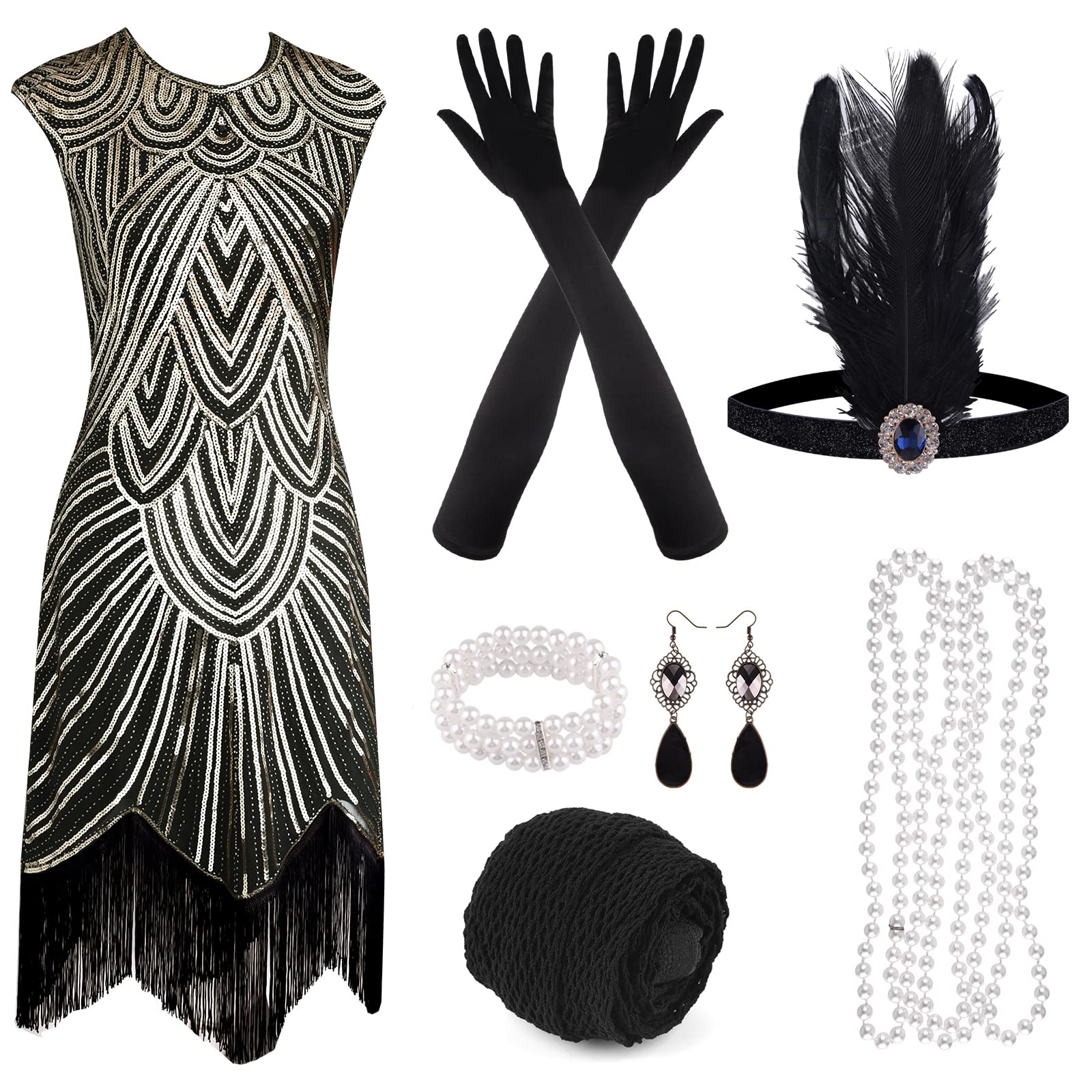 PLULON1920s Sequin Beaded Fringed Flapper Dress with 20s Accessories Set