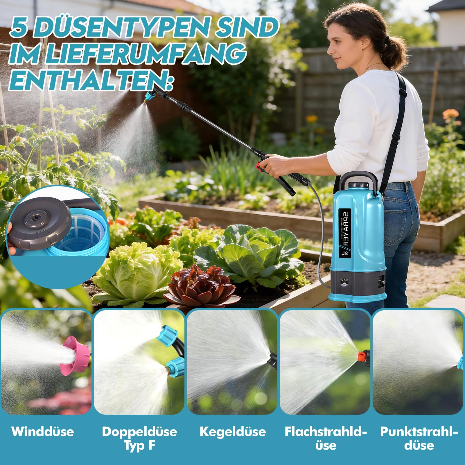 Viugreum 8L Pulverizador de Jardín a Batería, 12V Pulverizador de Jardín Eléctrico con 5 Boquillas de Nebulización, Lanza Telescópica y Correa Ajustable para Riego, Irrigación y Mantenimiento