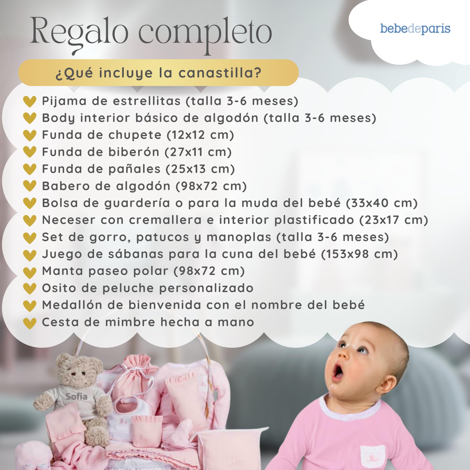 Canastilla Bebe Recien Nacido Personalizada | Cesta Regalos para Bebes Recien Nacidos Premium Clásica Plena | Cesta de Mimbre | 3 a 6 Meses (Rosa) | BebeDeParis