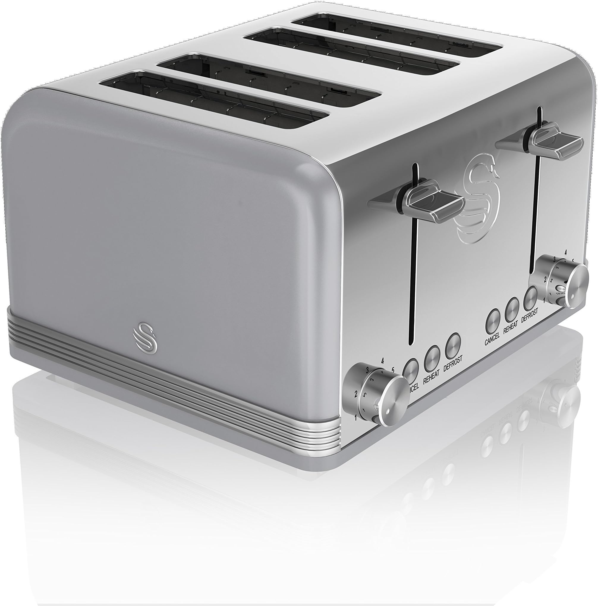 Swan ST19020GRN Retro 4-Slice Toaster with Defost/Reheat/Cancel Functions, Cord Storage, 1600W, Retro Grey