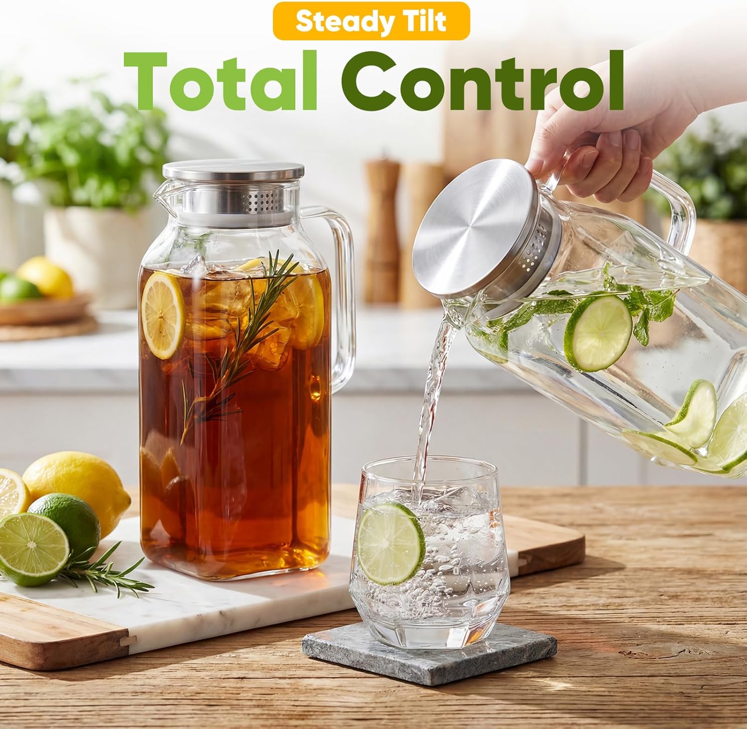 2-Pack 1 Gallon Glass Pitcher with Lid & Spout, Borosilicate Carafe for Hot/Cold Drinks, Large Iced Tea Water Jug with Handle, Fridge Safe & Dishwasher Safe - Image 5