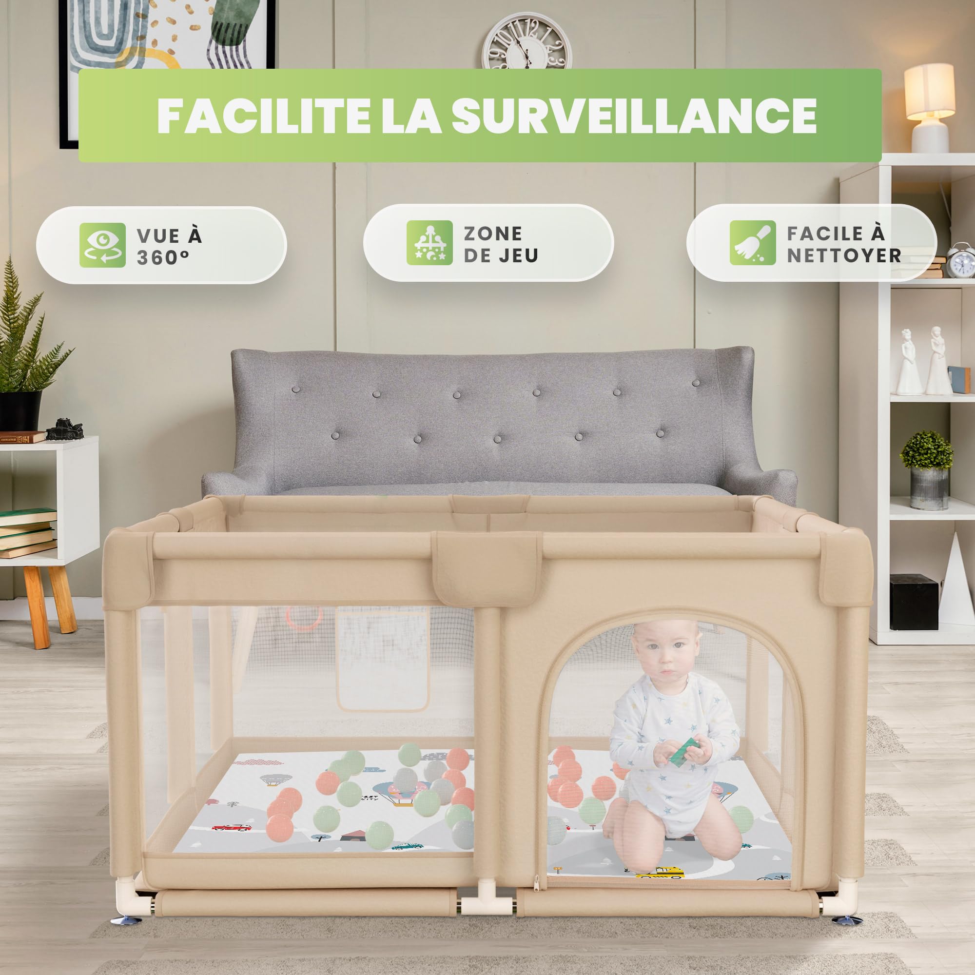 JUPPLIES Parc Bébé Sécurisé 120×120 cm – Aire de Jeu Carrée pour Enfant 6-24 mois, Filet Respirant 360°, Structure Stable Antidérapante (Beige avec tapis + balles)