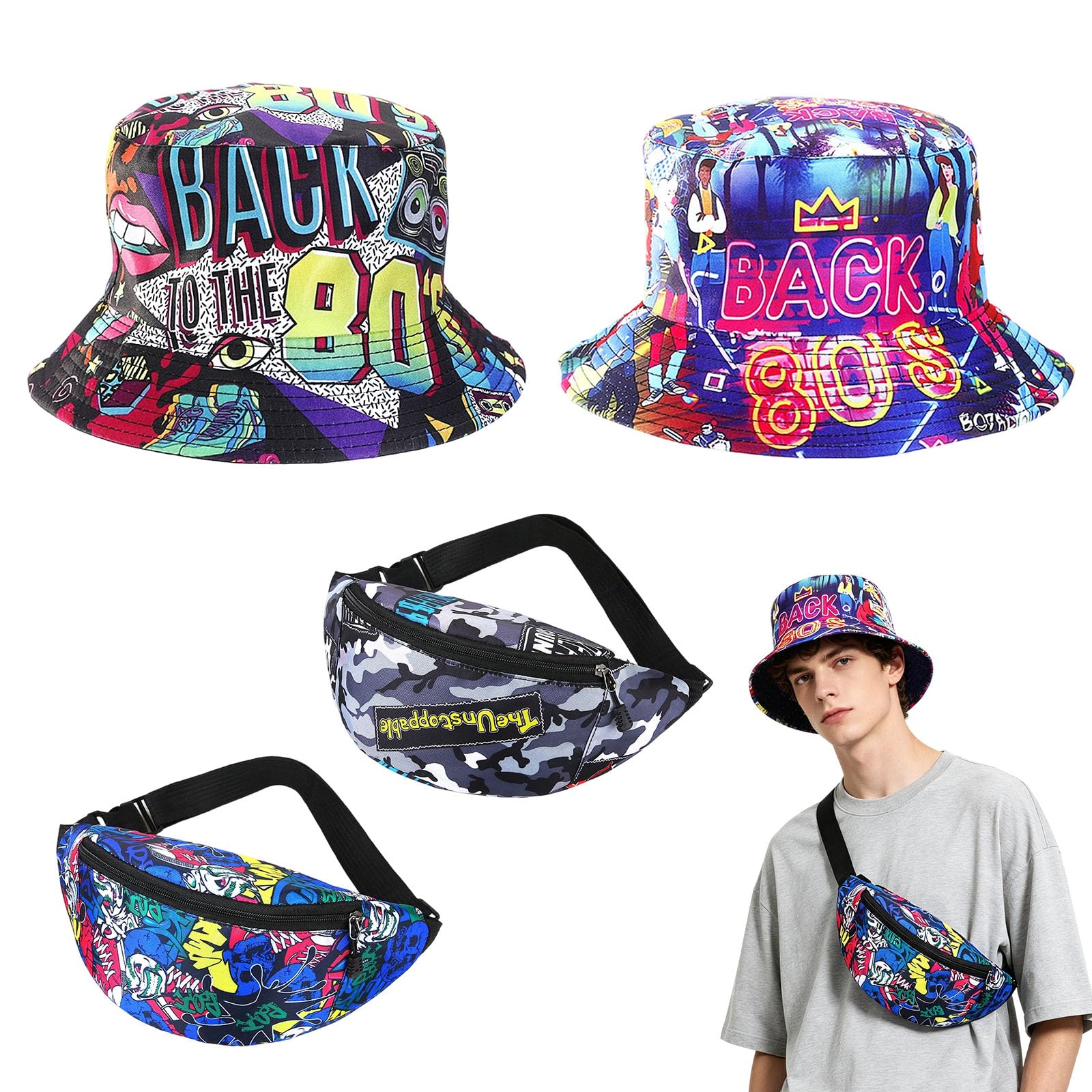 Xerteam 4 Pcs Retro Reversible Bucket Hat, 2 Disco Bucket Hat+ 2 Hip-Hop Shoulder Bags, Summer Hats for Women Men, Fisherman Hat for 80S/90s Hip-pop Festivals Hiking Beach