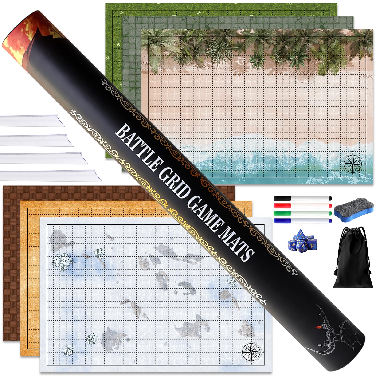 Dungeons and Dragons Starter Set - Ultimate DND Battle map Bundle with 6 terrains 24” x 36" Game Grid Mat, Dry Erase Markers, dice & More for Epic DND Adventures, exact product listing photograph