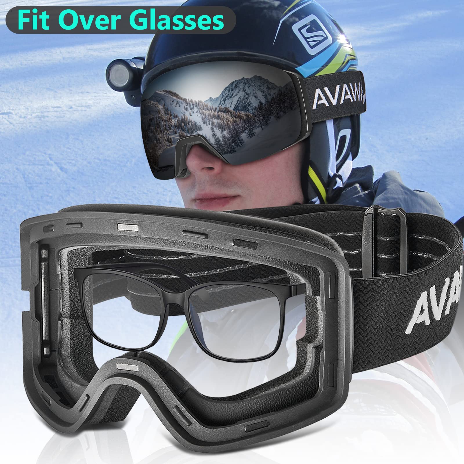 Carfia Lunettes de Ski OTG Femmes Hommes Ski Goggles pour Porteurs de Snowboard Lunettes UV400 Anti-Brouillard