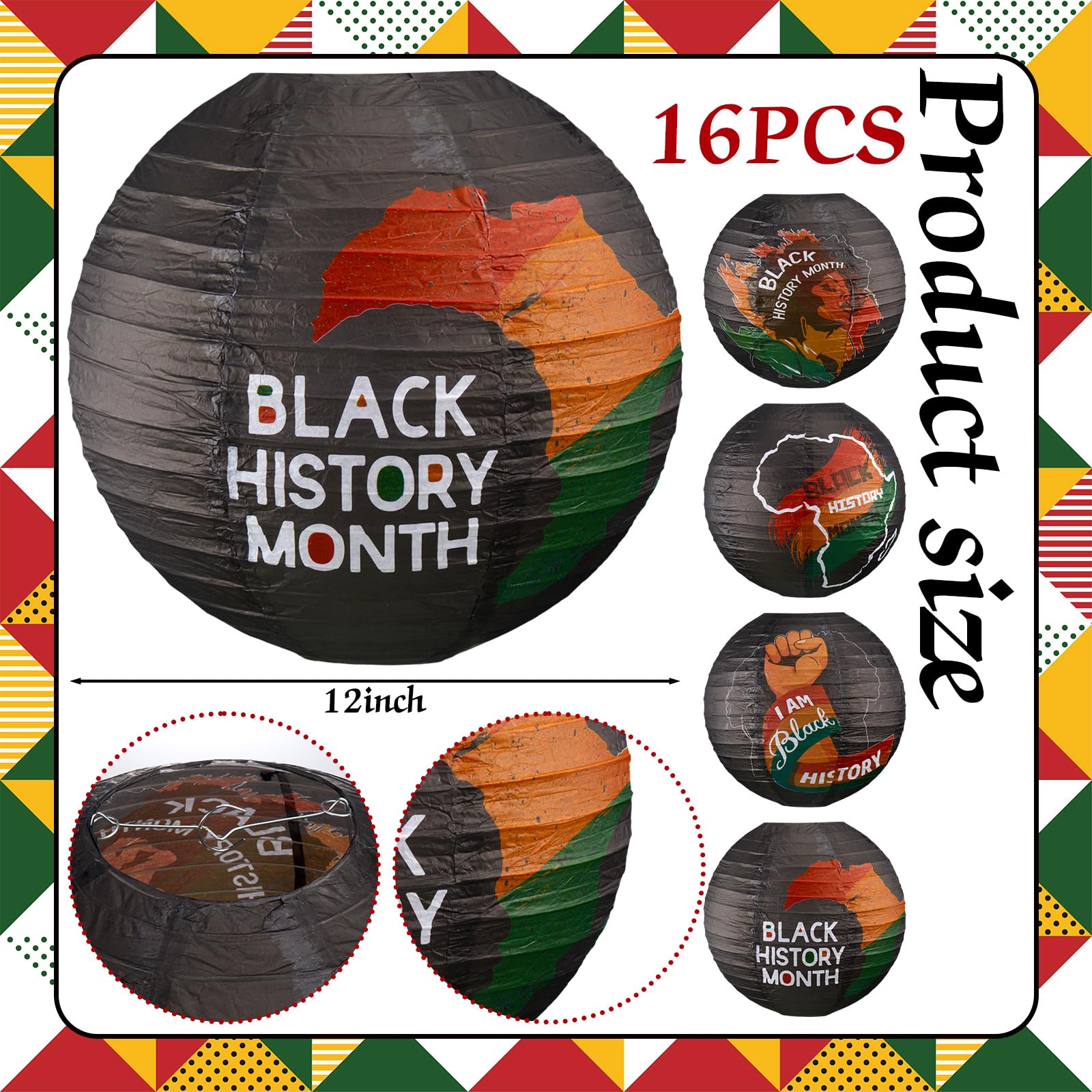 Tujoe 16 Pcs 12 inch Black History Month Decorations Round Paper Lanterns Juneteenth Hanging Paper Lantern Lamps for African American Celebration Home Outdoor Indoor Party Decor 4 Designs