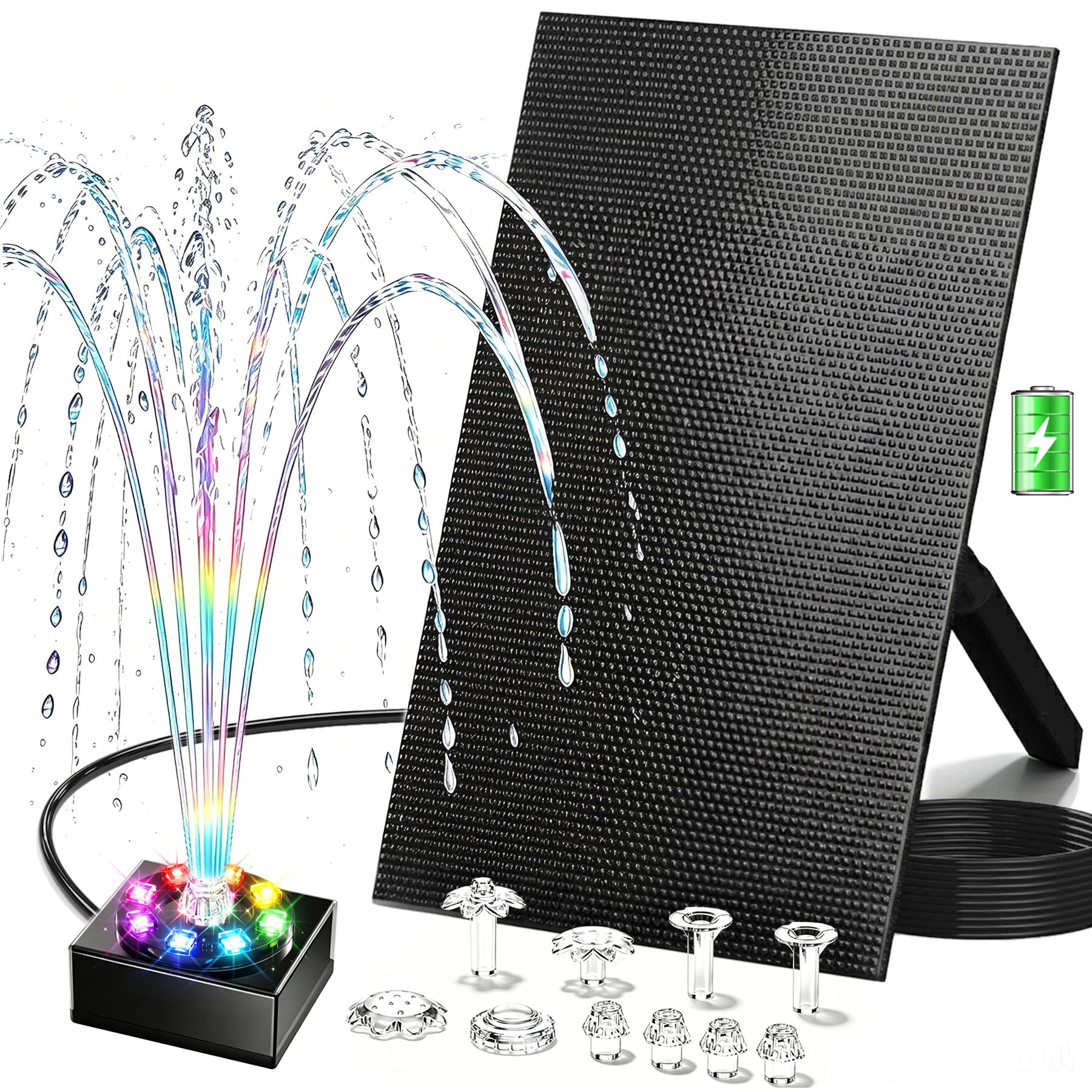 Fuente Solar para Exteriores 10W con batería 2200mAh –Bomba de Estanque Solar, Ideal para abrevadero de pájaros, pequeño Estanque y Juegos de Agua – 10 Estilos de Chorro y 8 LED de Colores