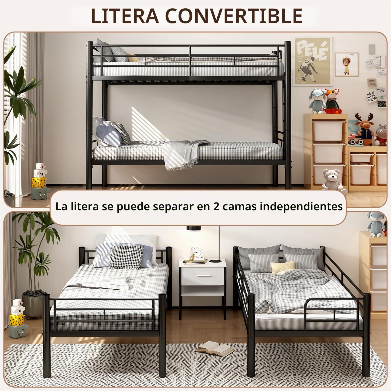 Litera de Metal de 90 x 200 cm, litera Juvenil con Escalera, Convertible en Dos Camas Individuales, Camas Altas para Adultos con somier y Barra de Seguridad para Dormitorio