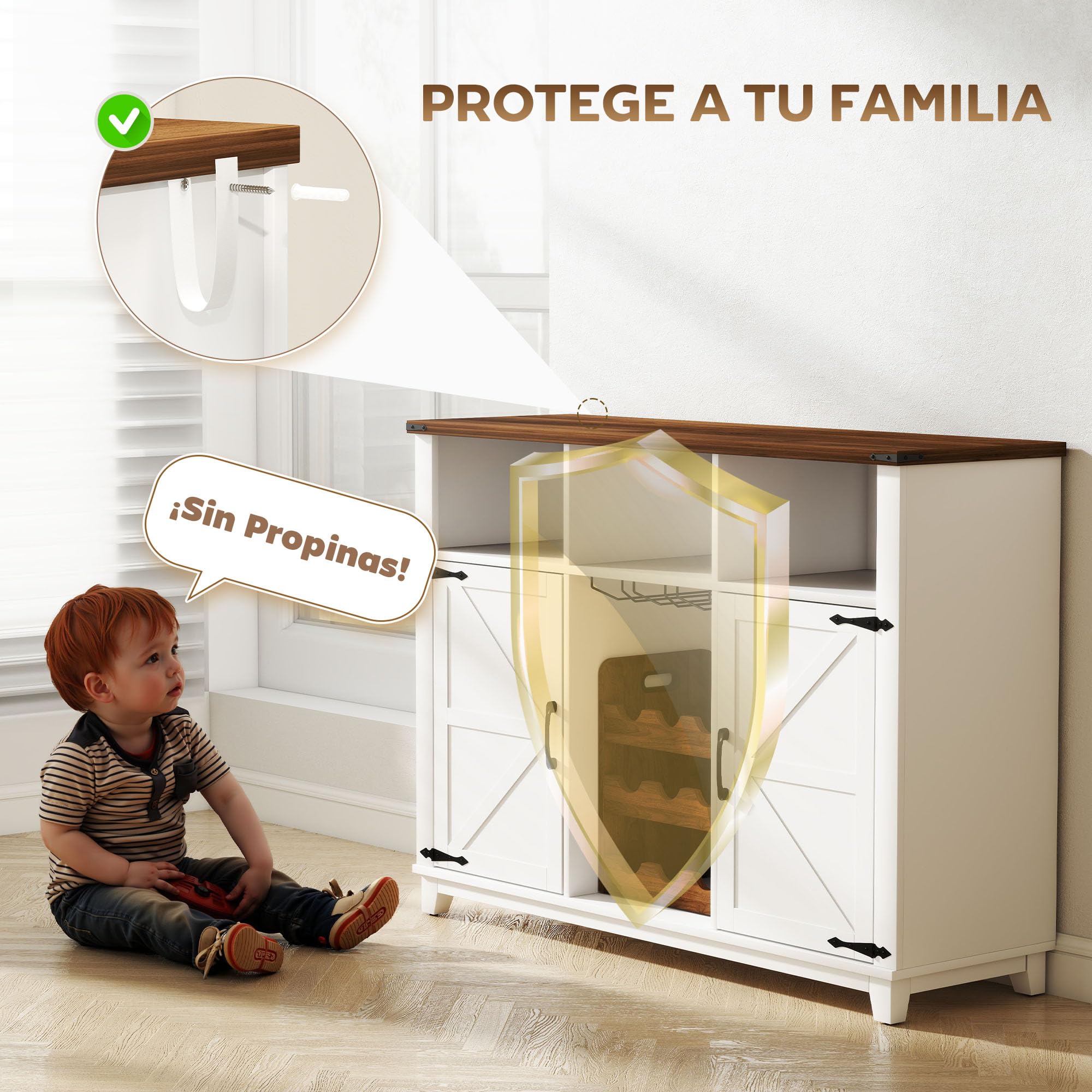 HOMCOM Aparador de Cocina con Botellero, Aparador con 2 Puertas de Granero, Estantes Ajustables y Soporte para Copas, para 9 Botellas, Buffet Auxiliar de Cocina para Comedor, Salón 120x37x88 cm Blanco