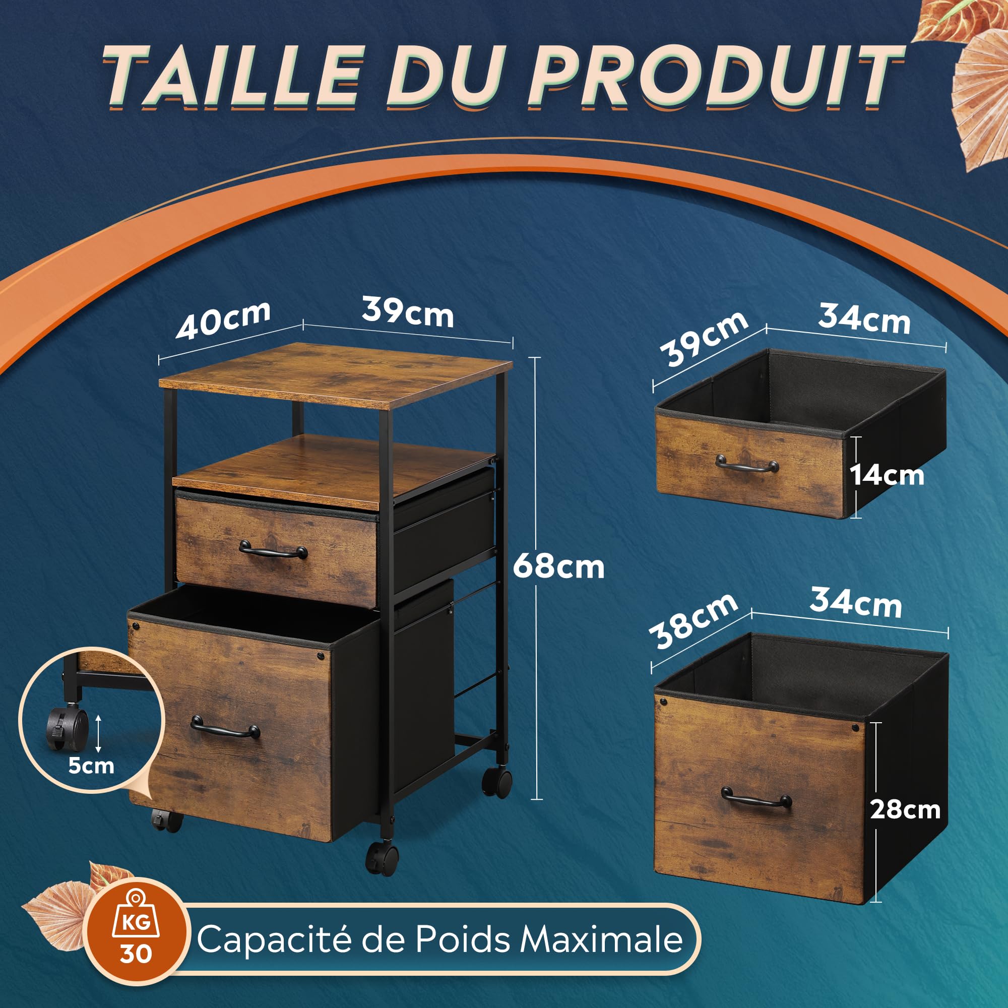 DEVAISE Caisson de Bureau Mobile avec Étagère Ouverte Meuble Rangement sous Bureau 2 Tiroirs Tissu pour Documents A4/Letter, Style Industriel Rétro Brun Campagne à roulettes