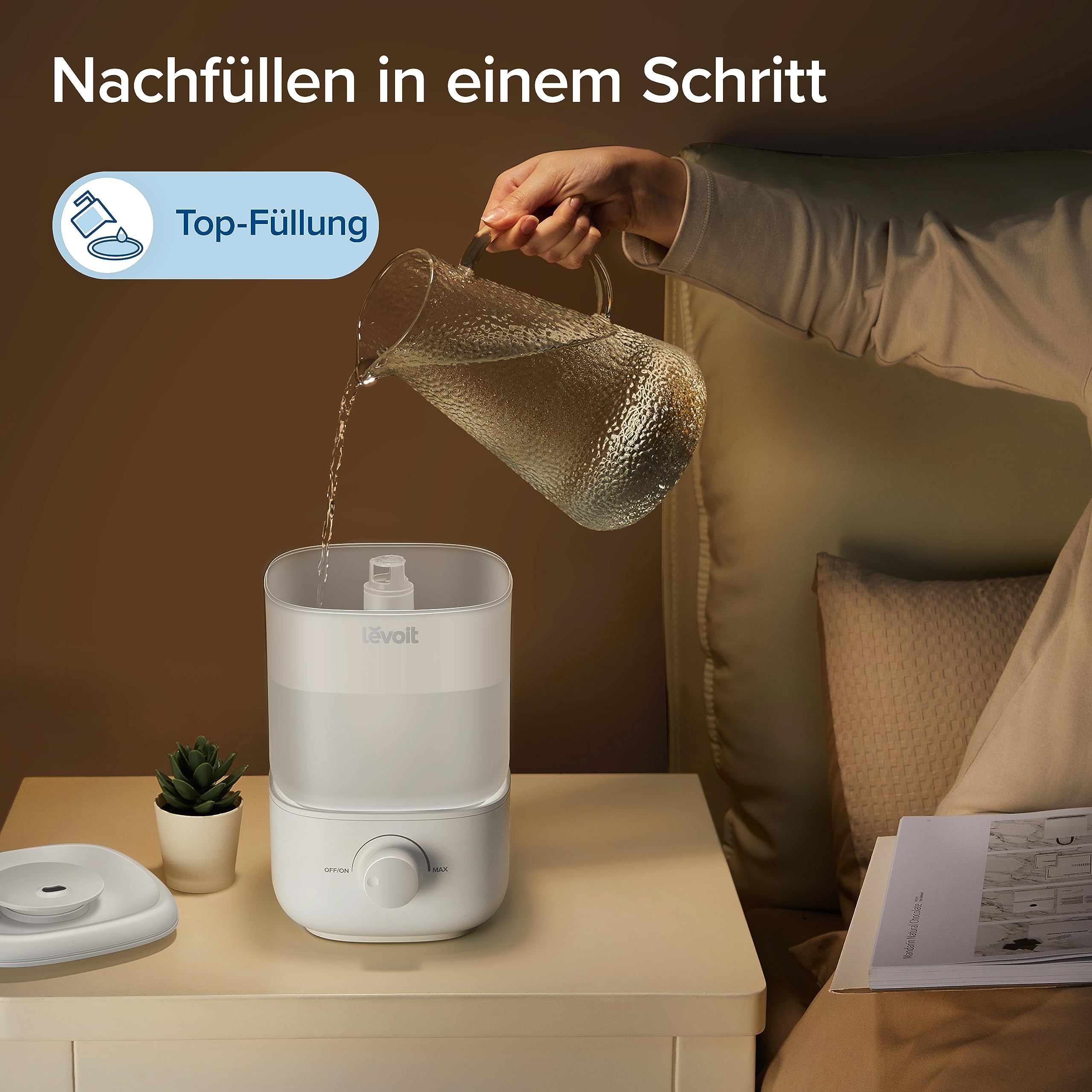Levoit Luftbefeuchter 2,5 L, 23dB leise, Top-Fill, bis 25H, 360° Drehdüse, Auto Shut-off, Weiß