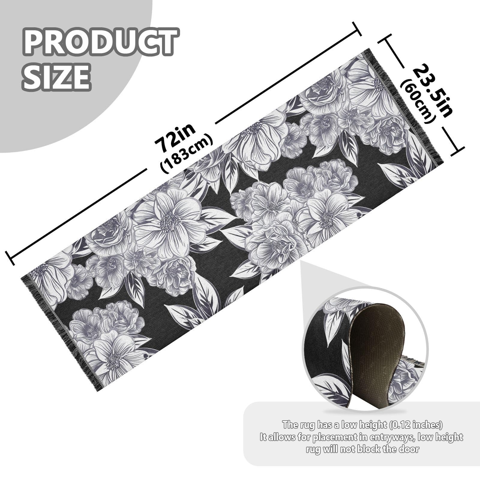 Flowers Lines Elegant Black Runner Rug for Hallways Kitchen Rugs Washable Rug for Living Room Entryway Floors 72 * 23.5 in