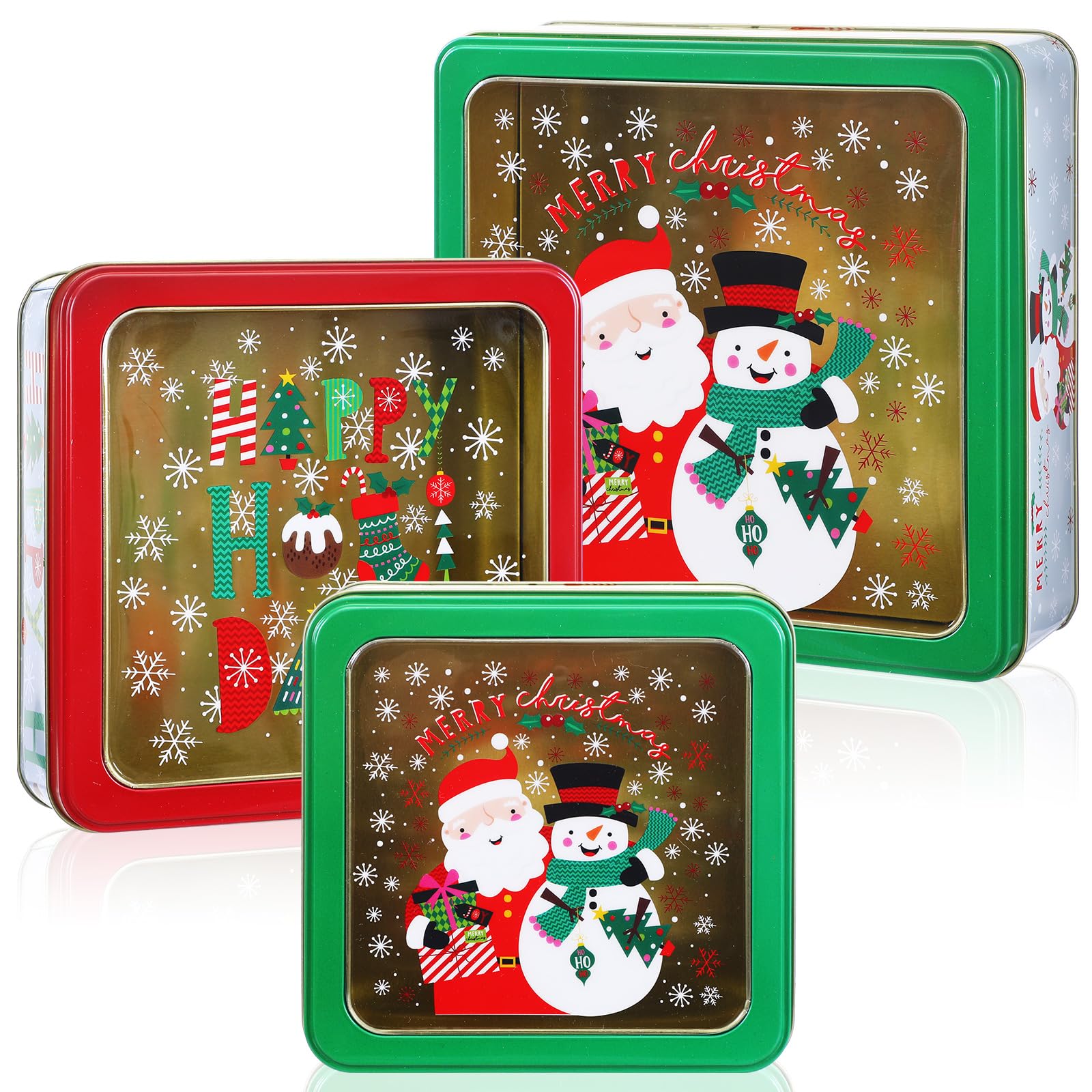 Zhehao 3 Pcs Christmas Cookie Tins with Lids for Gift Giving 3 Sizes Snowman Square Shape Candy Boxes for Gift Giving Tinplate Decorative Metal Cookie Container for Storage Xmas Holiday Party Favor