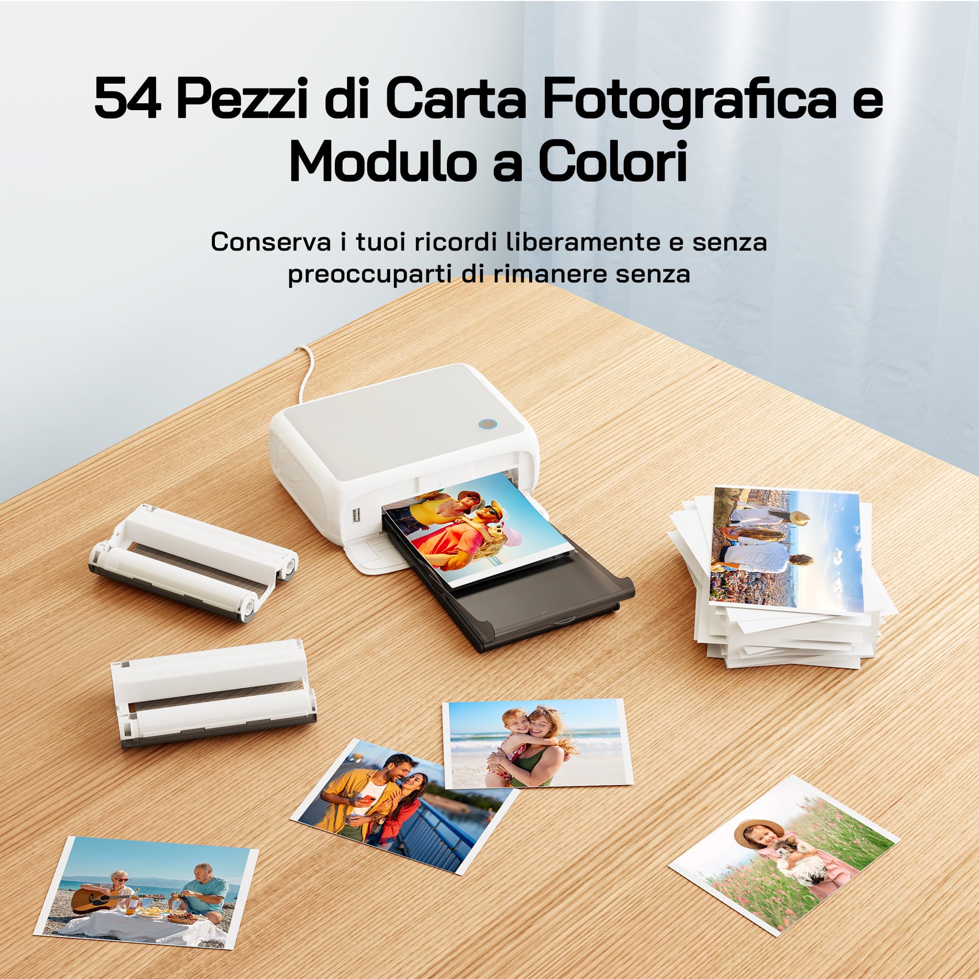 WOLFANG Stampante fotografica, stampante fotografica istantanea con 54 fogli (4"x6"), supporta la connessione WiFi, app di fotoritocco creativo, per smartphone iOS/Android