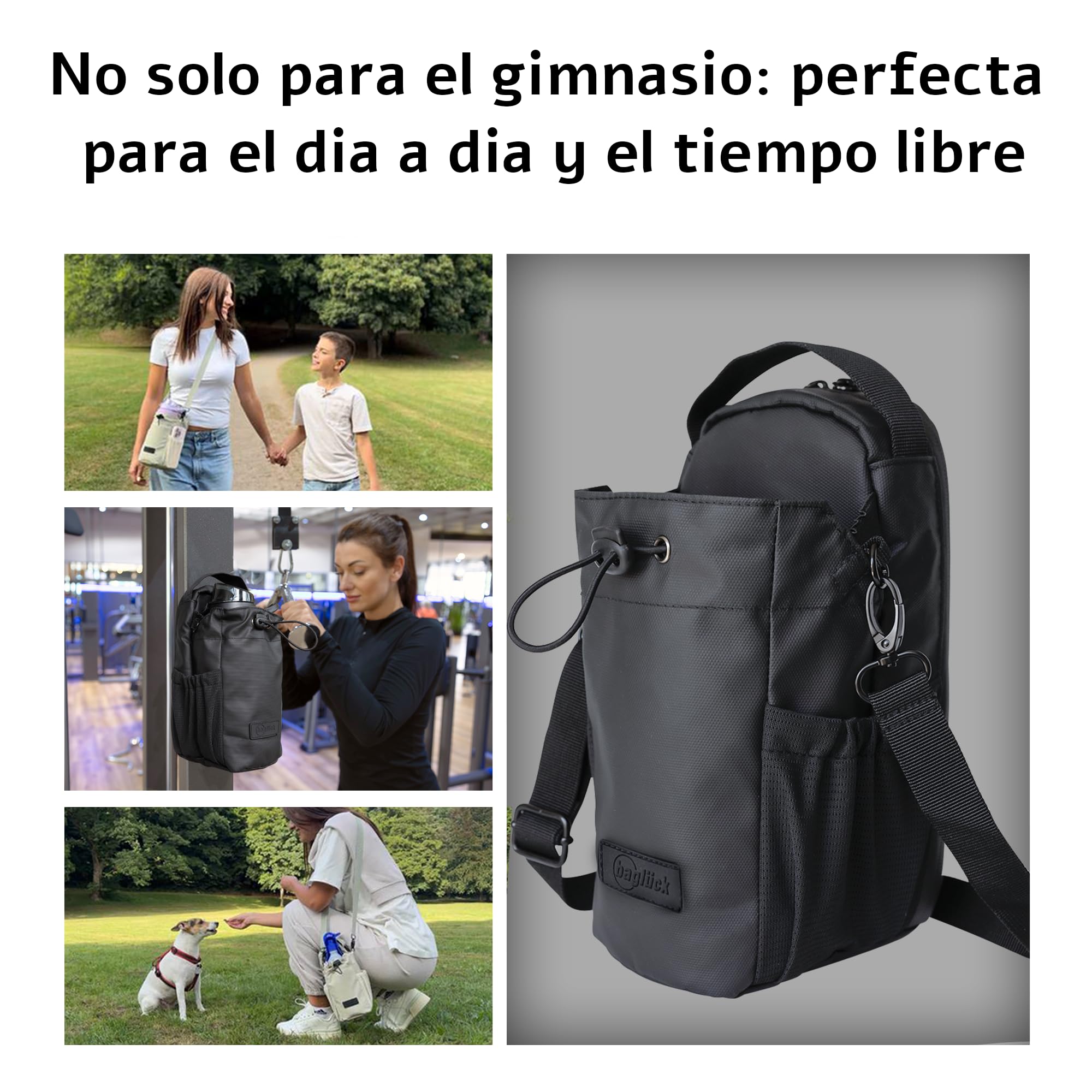 Bolsa Deportiva Magnética para Gimnasio con Soporte para Botella 1,5 L, Correa Ajustable, Negro