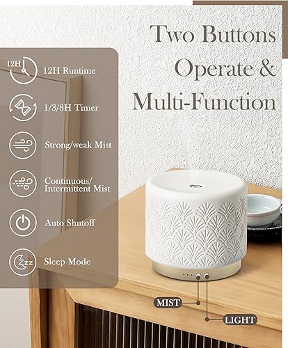Miniatura 2 de Difusor de aceite esencial de cerámica de 9.5 fl oz, difusor de aromaterapia con humidificador ultrasónico de niebla fría, luz nocturna,