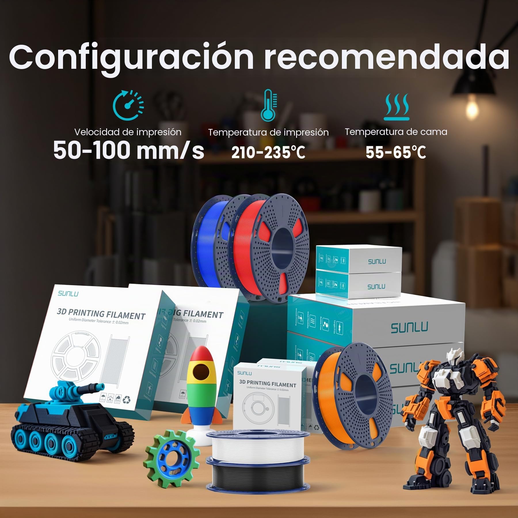 SUNLU PLA Plus - Lote de filamentos para impresora 3D (10 kg), multicolor | Filamento PLA+ 1,75 mm, negro+blanco+gris+rojo+azul pequeño+verde+naranja soleado+amarillo brillante+café+roble