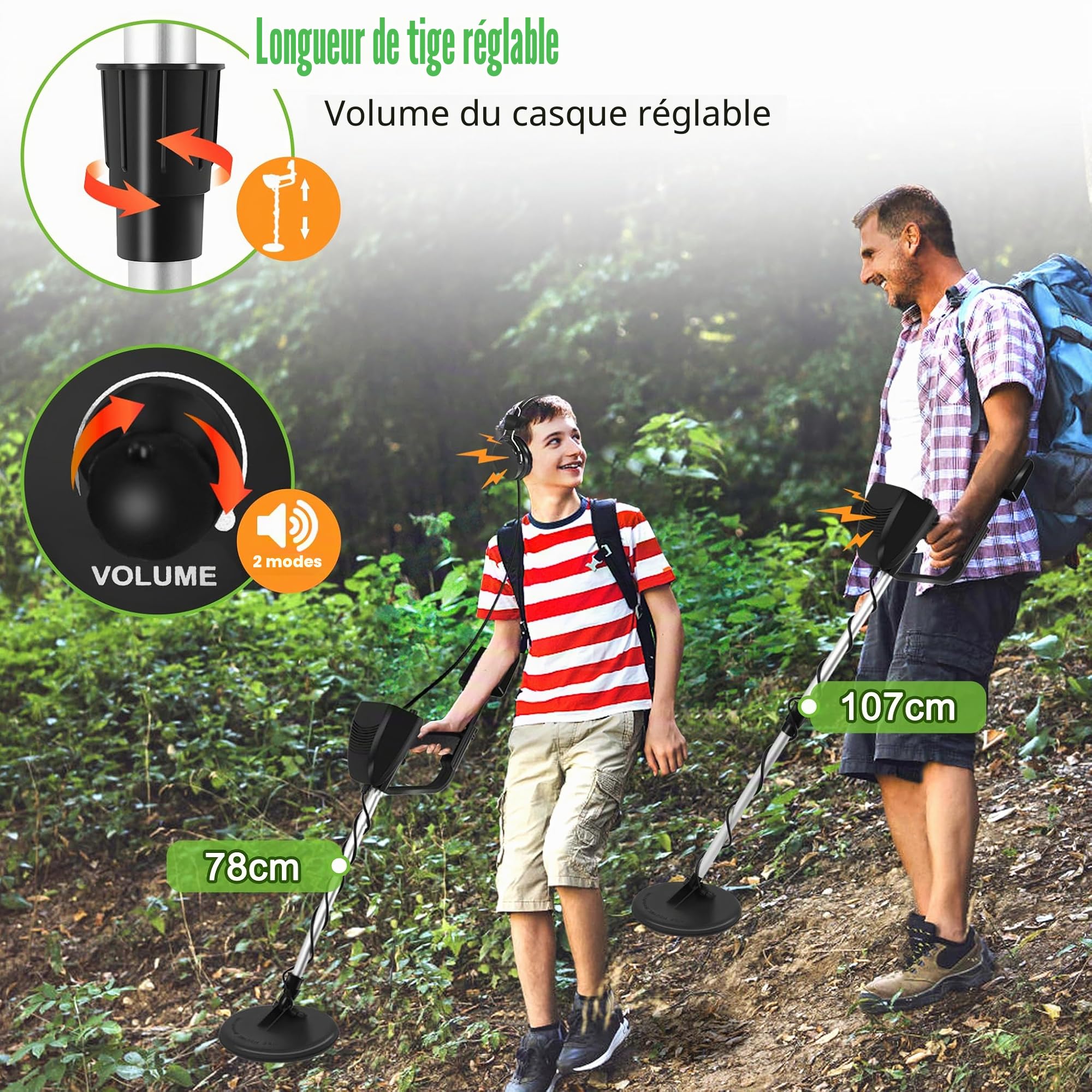 YRHome Kit de détecteur de métaux léger - 2 modes - Bobine de recherche - Sac de transport - Casque - Hauteur réglable - 30 cm
