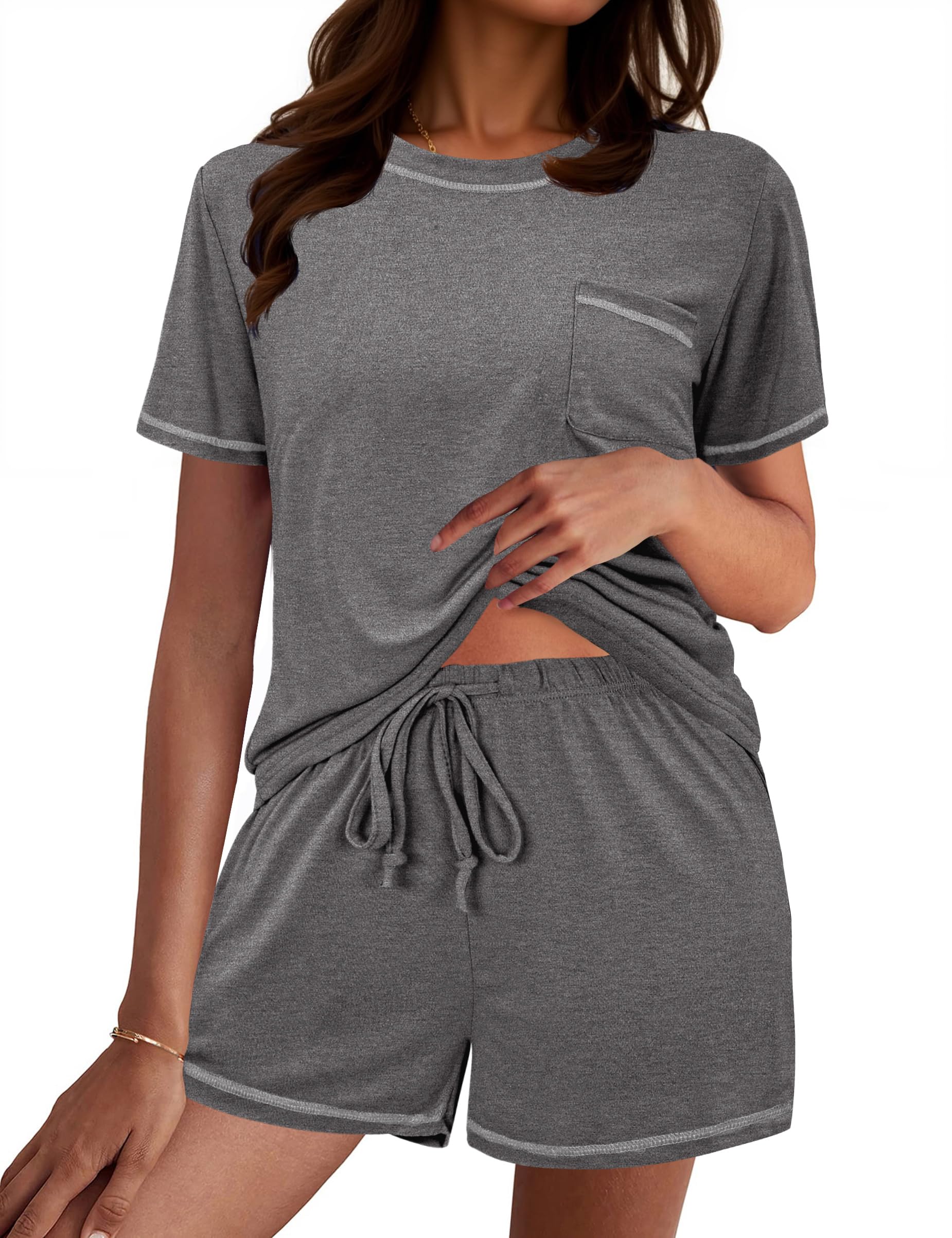 Bresdk Schlafanzug Damen Kurz Pyjama Set Baumwolle Shorty Sommer Nachtwäsche Sexy Schlafanzüge Set Zweiteiler Kurzarm Frauen Rundhals mit Shorts Hausanzug